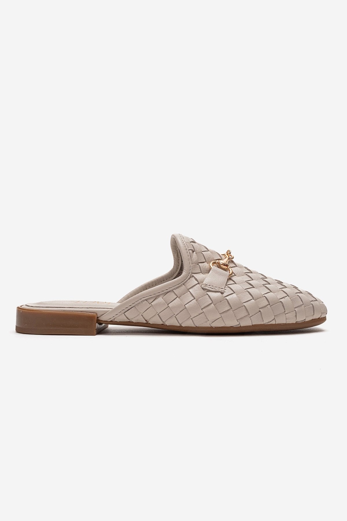 SENIA - Off-White Genuine Leather Buckle Front Closed Mule – detail view showing leather, white, gold, Vowalisse