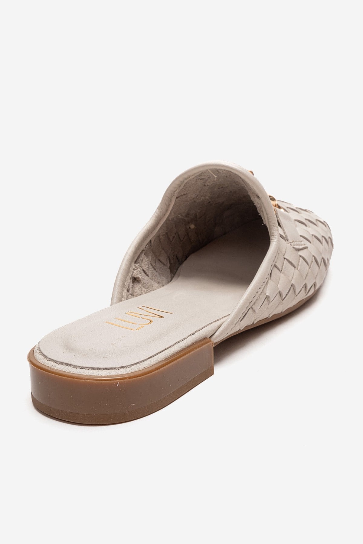 SENIA - Off-White Genuine Leather Buckle Front Closed Mule – heel view showing leather, white, gold, Vowalisse