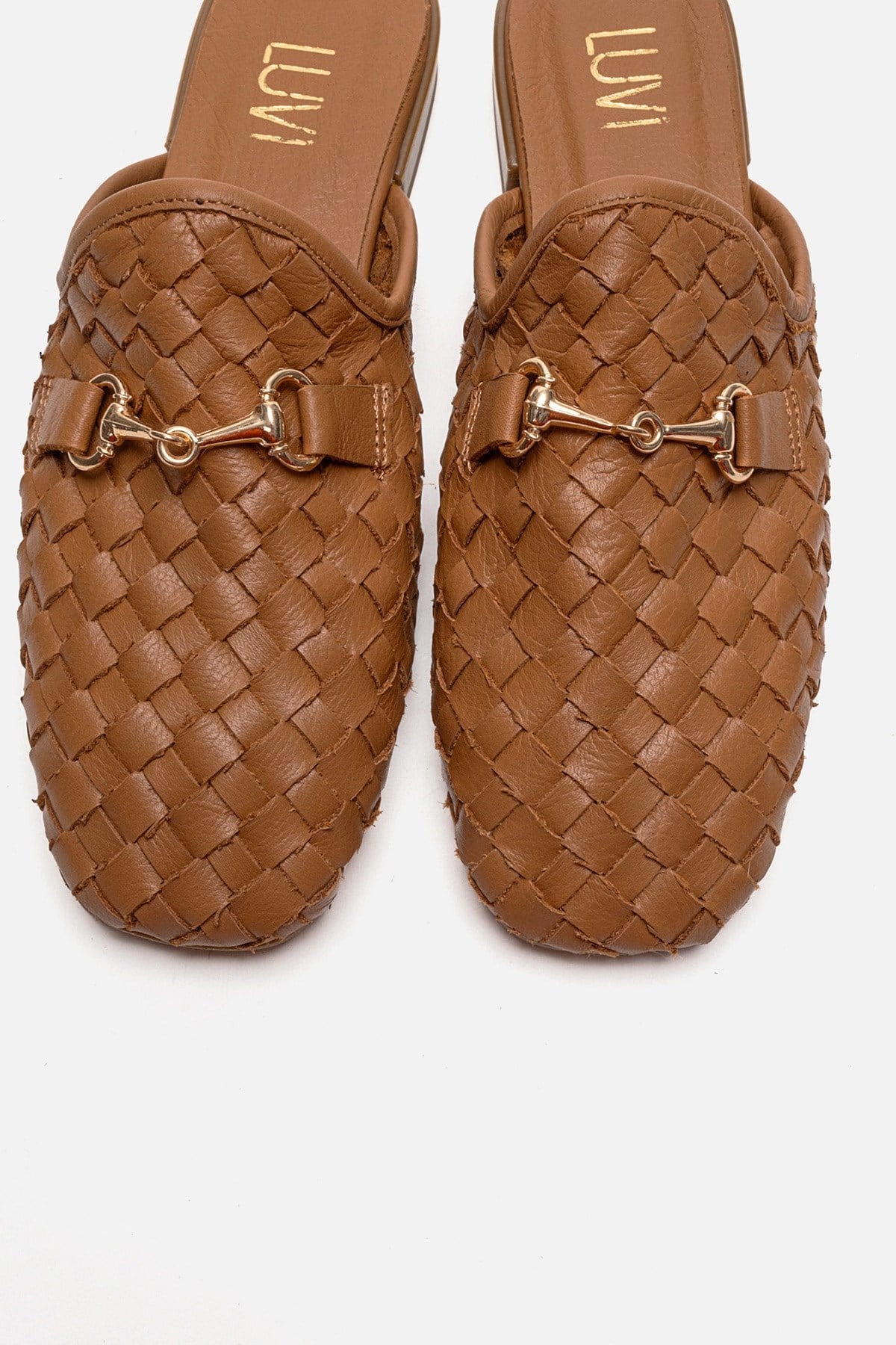 SENIA - Cognac Genuine Leather Buckle Front Closed Mule – side view showing leather, gold, Vowalisse