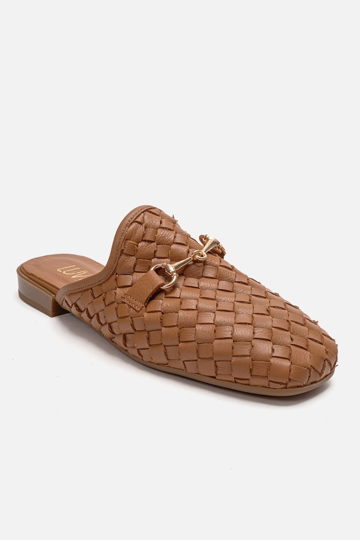 SENIA - Cognac Genuine Leather Buckle Front Closed Mule – detail view showing leather, gold, Vowalisse