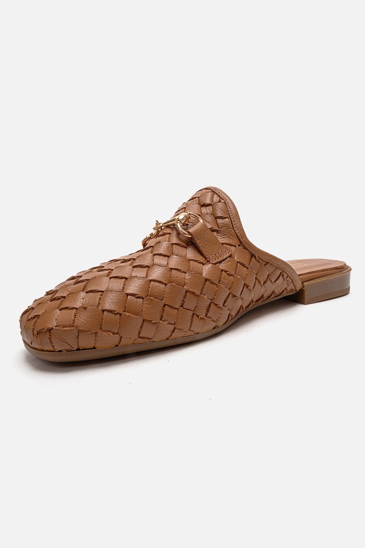SENIA - Cognac Genuine Leather Buckle Front Closed Mule – top view showing leather, gold, Vowalisse