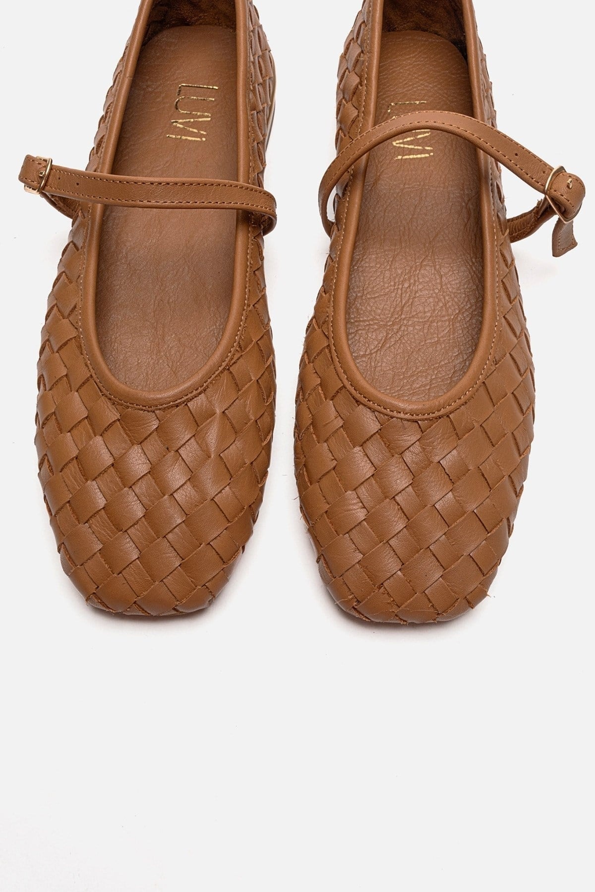 YEVORA - Cognac Genuine Leather Mary Jane Ballet Flat – side view showing leather, Vowalisse