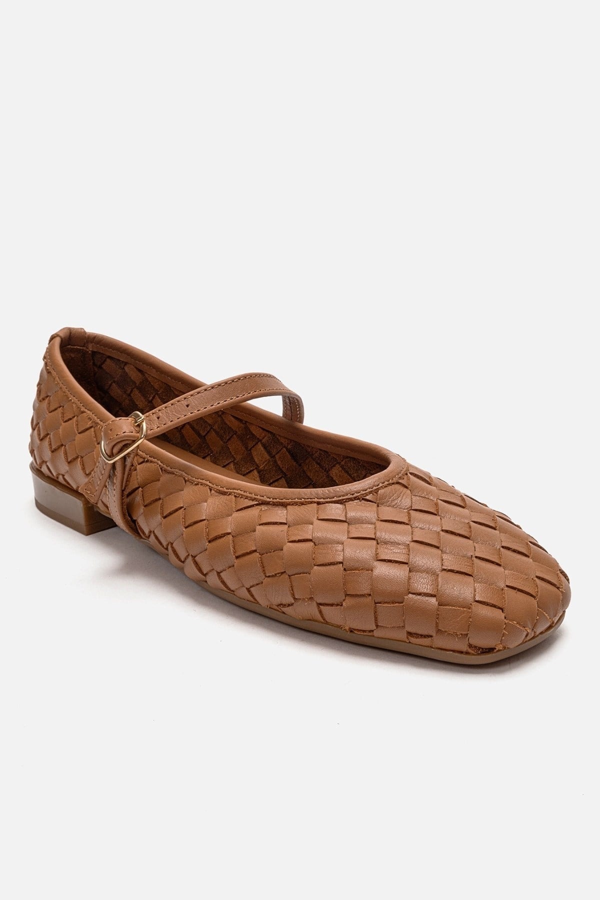 YEVORA - Cognac Genuine Leather Mary Jane Ballet Flat – detail view showing leather, Vowalisse