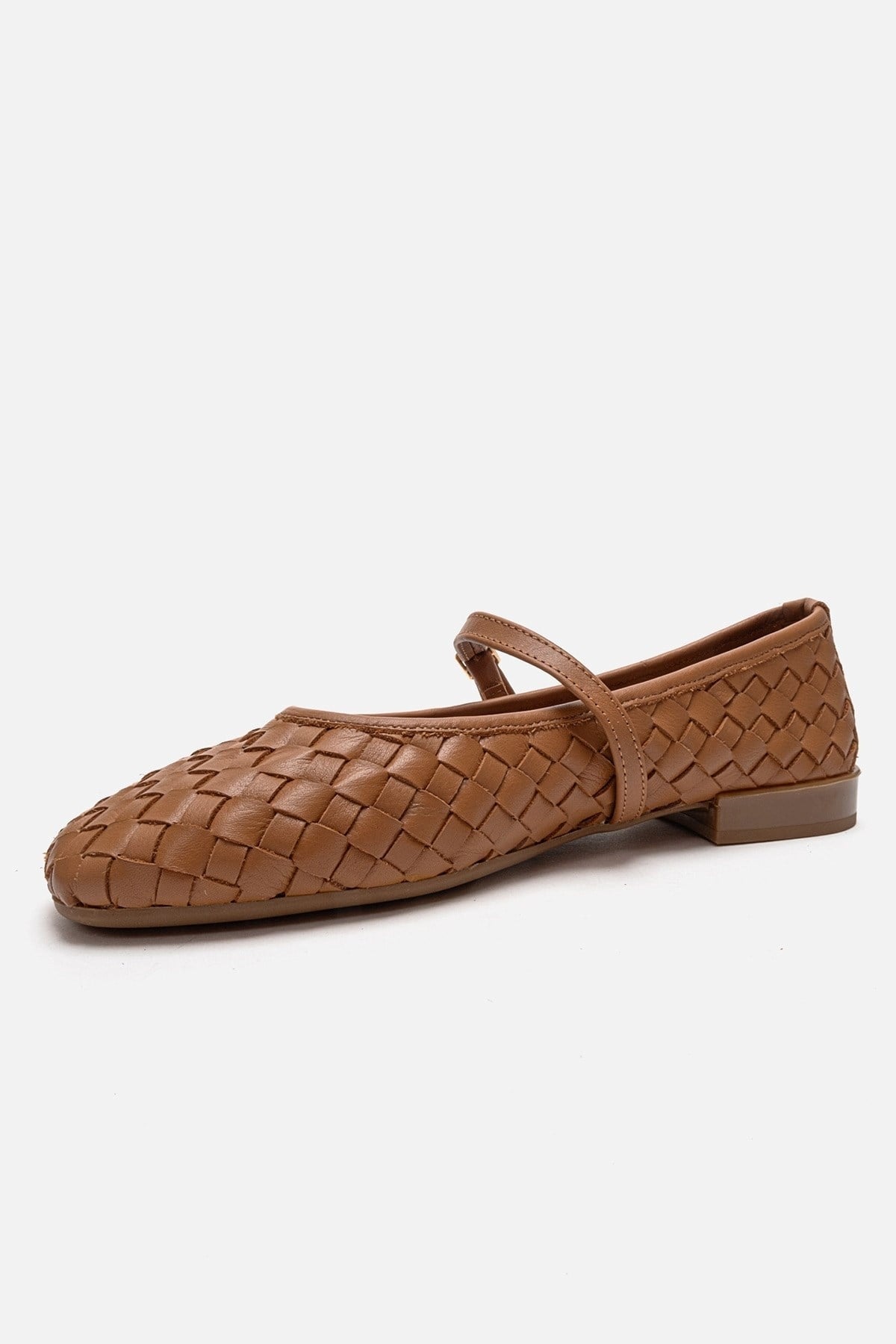 YEVORA - Cognac Genuine Leather Mary Jane Ballet Flat – top view showing leather, Vowalisse