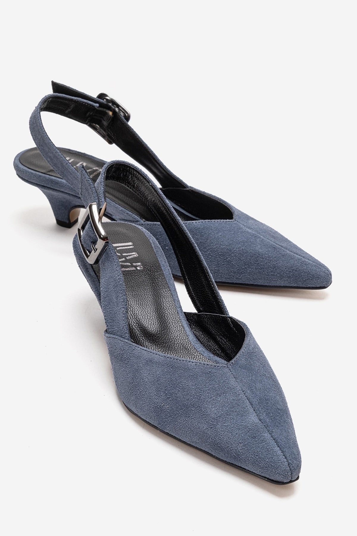 DIORIS - Denim Blue Genuine Leather Slingback Kitten Heel Pump – front three-quarter view showing leather, suede, blue…