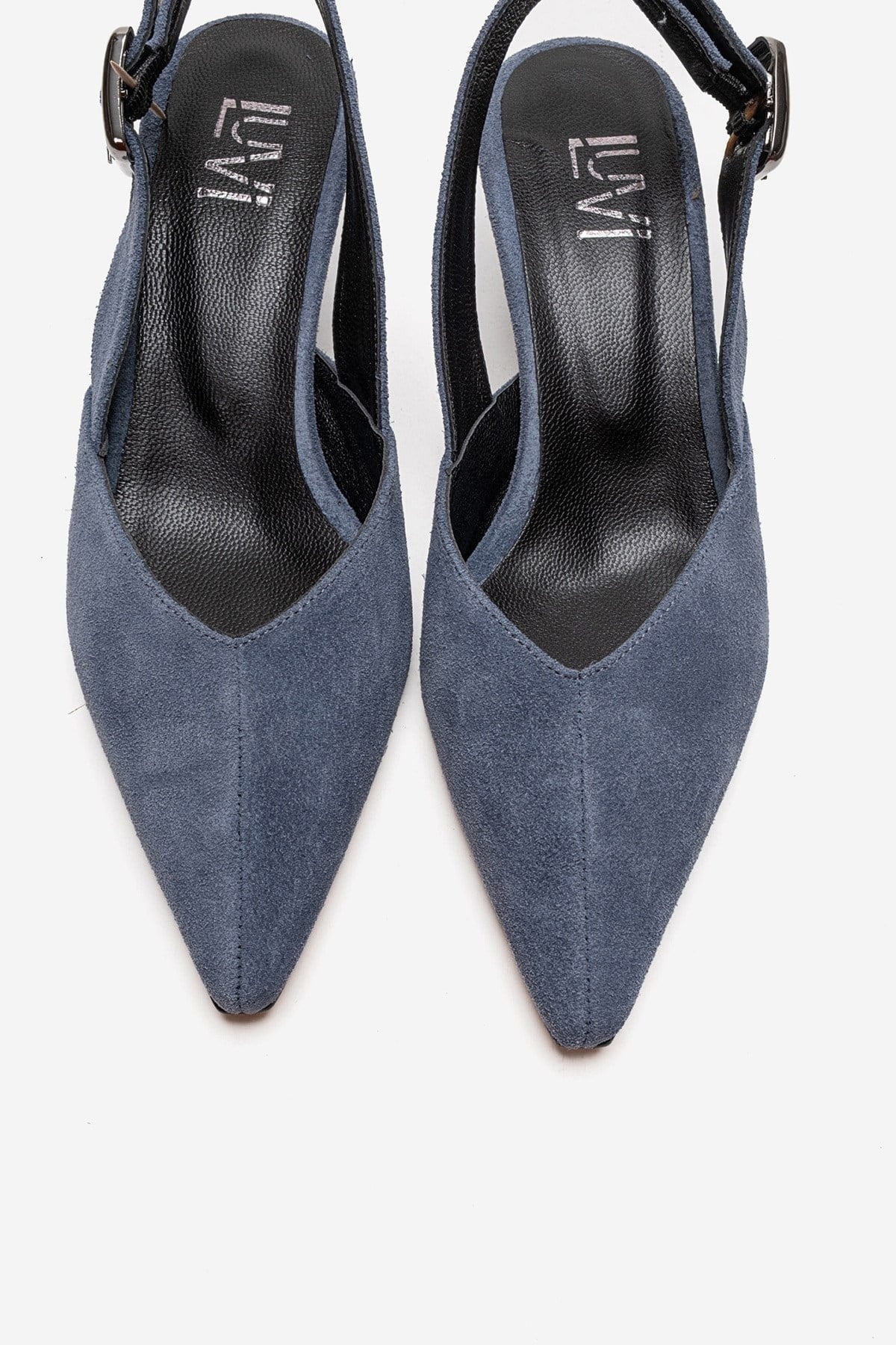 DIORIS - Denim Blue Genuine Leather Slingback Kitten Heel Pump – side view showing leather, suede, blue, Vowalisse