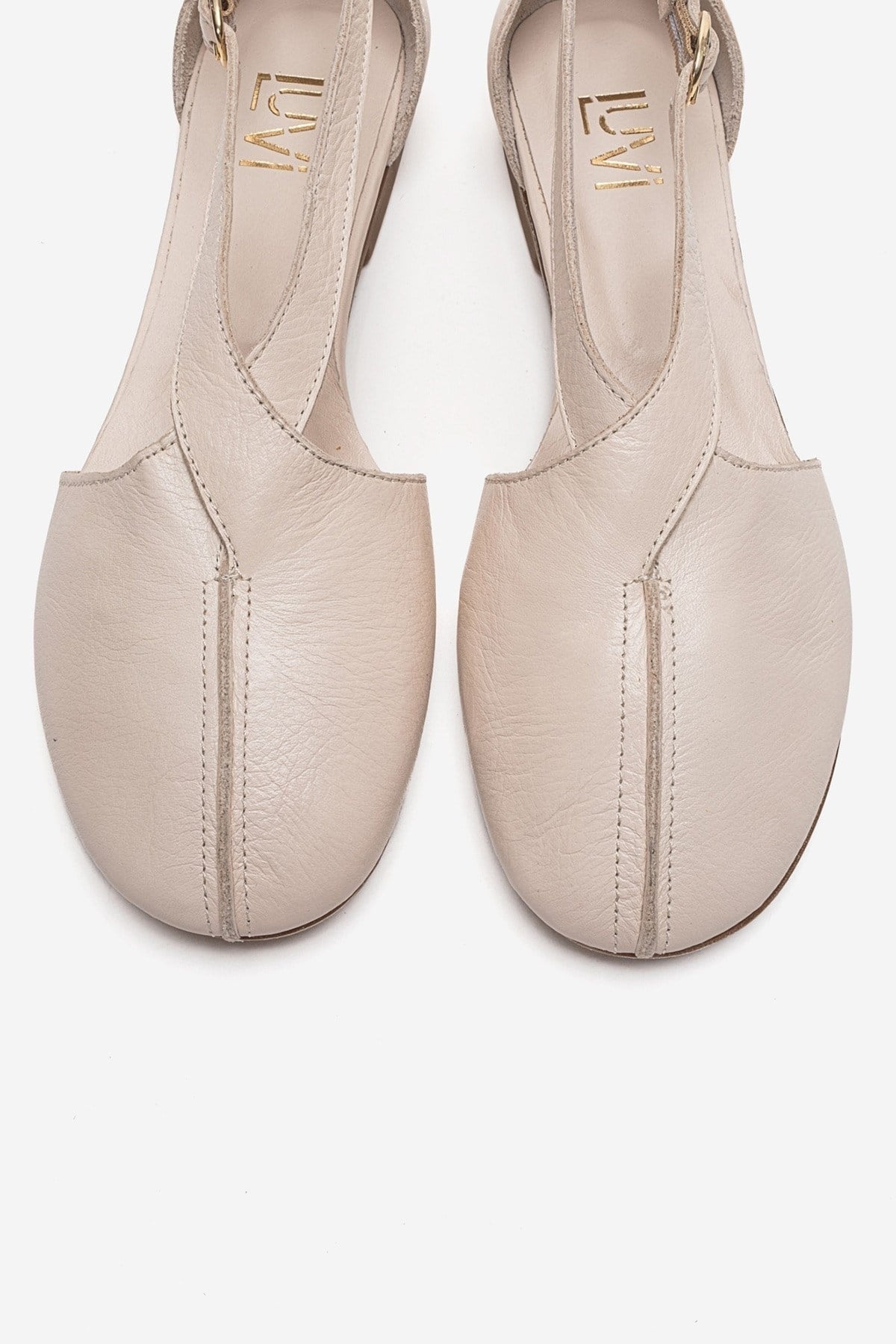 FABLE - Beige Genuine Leather Side-Open Ankle-Strap Ballet Flat – side view showing leather, Vowalisse