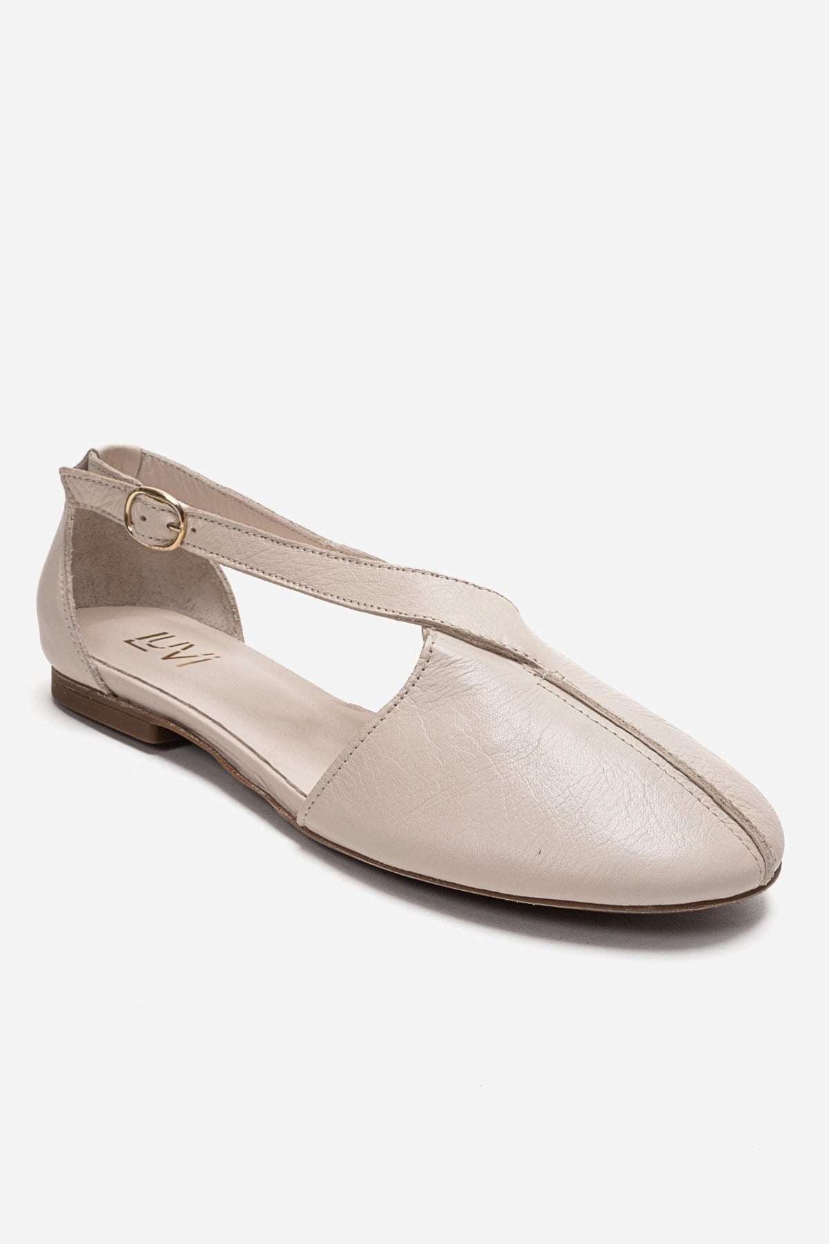 FABLE - Beige Genuine Leather Side-Open Ankle-Strap Ballet Flat – detail view showing leather, Vowalisse