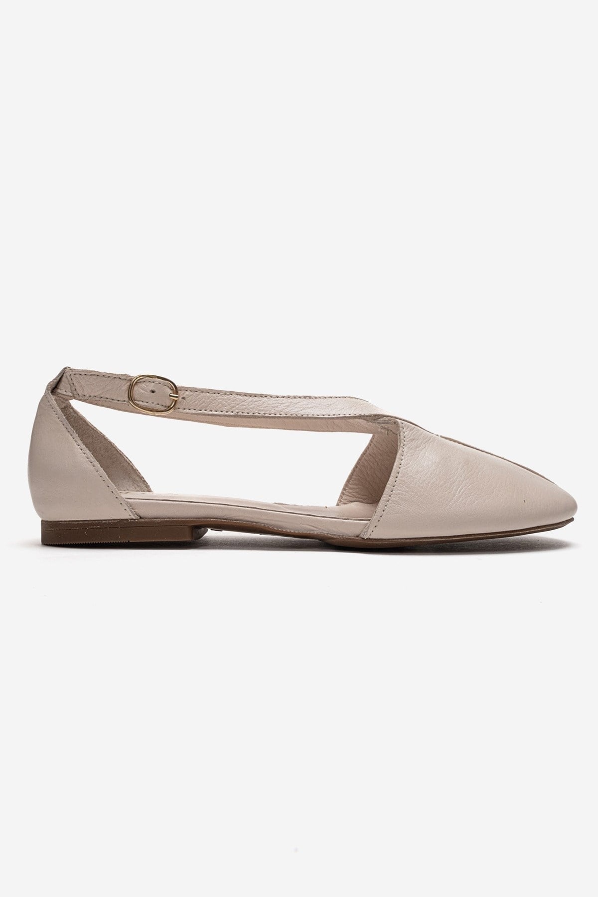 FABLE - Beige Genuine Leather Side-Open Ankle-Strap Ballet Flat – heel view showing leather, Vowalisse