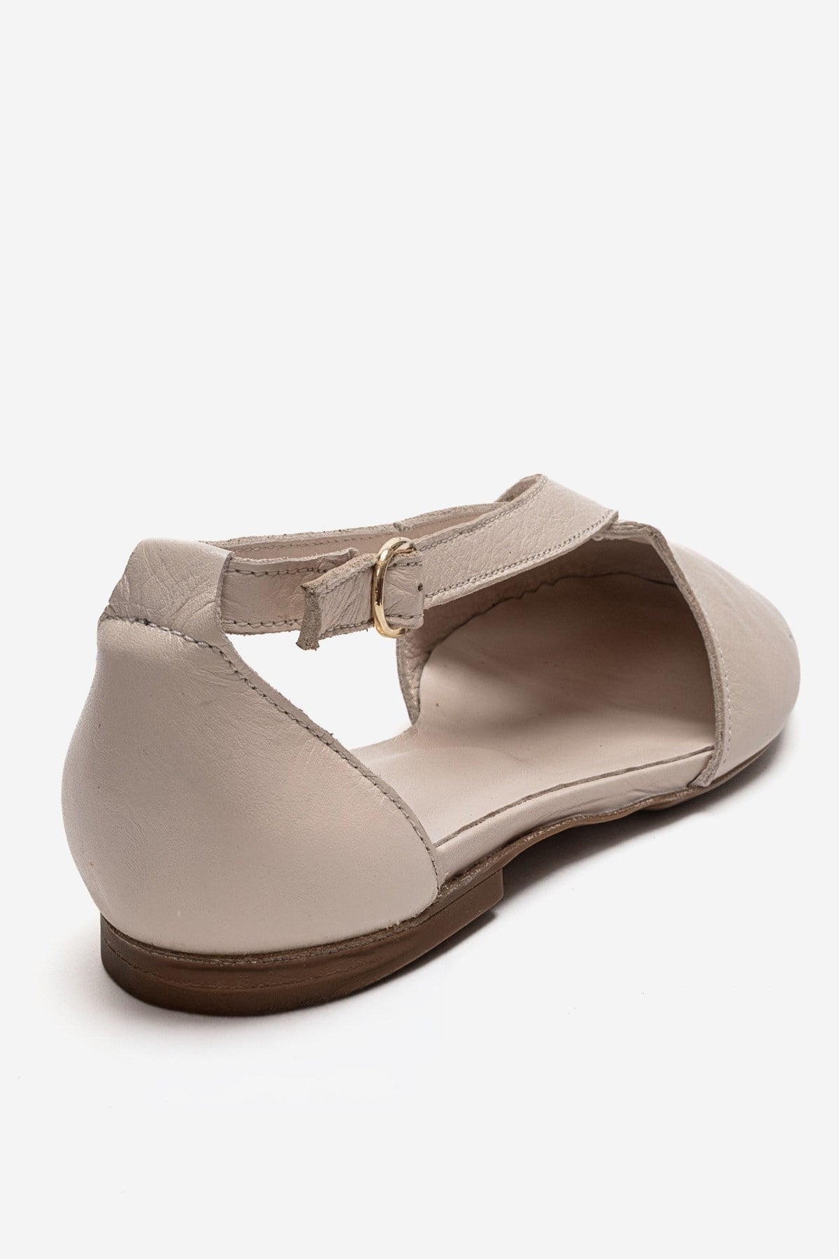 FABLE - Beige Genuine Leather Side-Open Ankle-Strap Ballet Flat – back view showing leather, Vowalisse