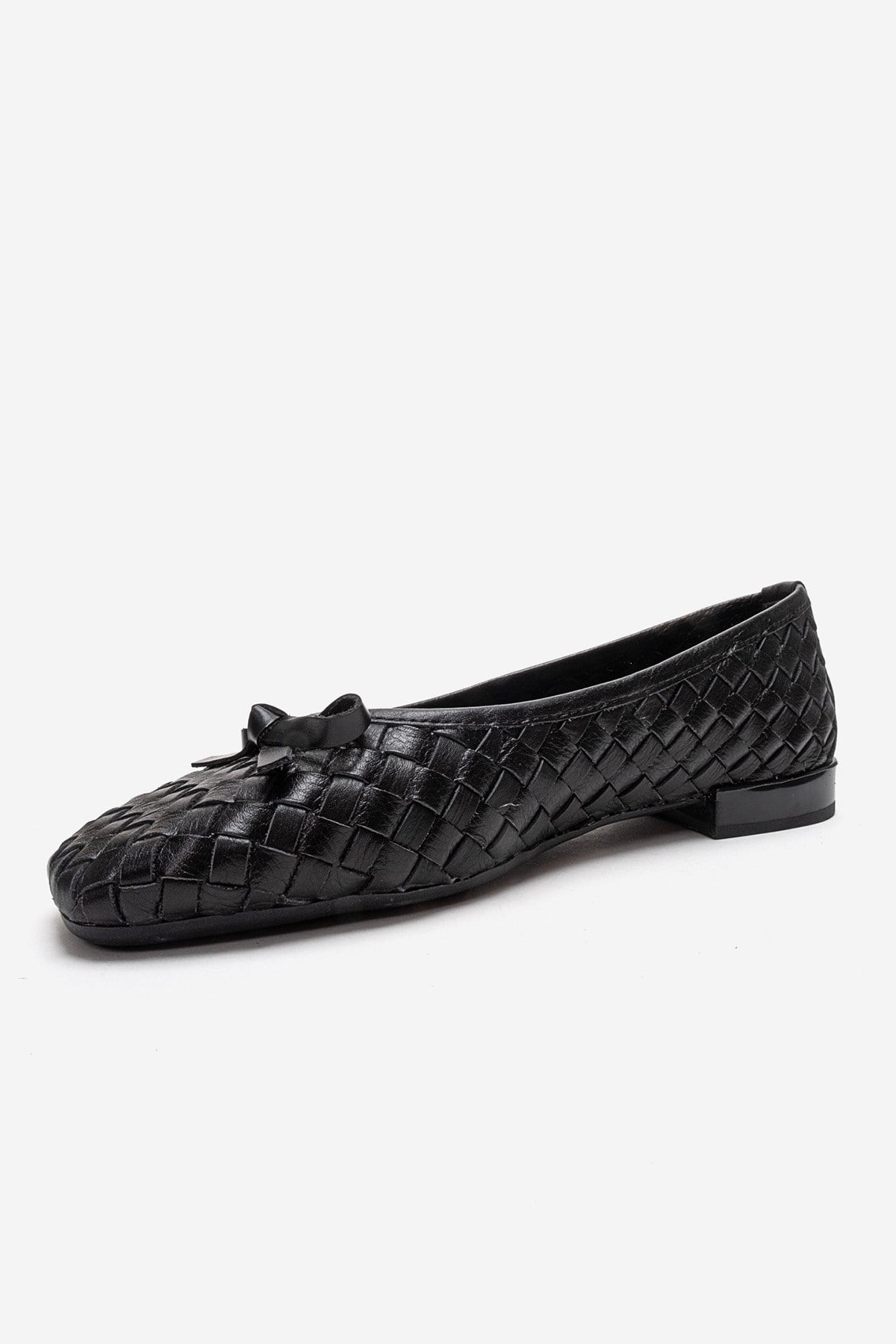 GAREN - Black Genuine Leather Ballet Flat – top view showing bow, leather, black, Vowalisse