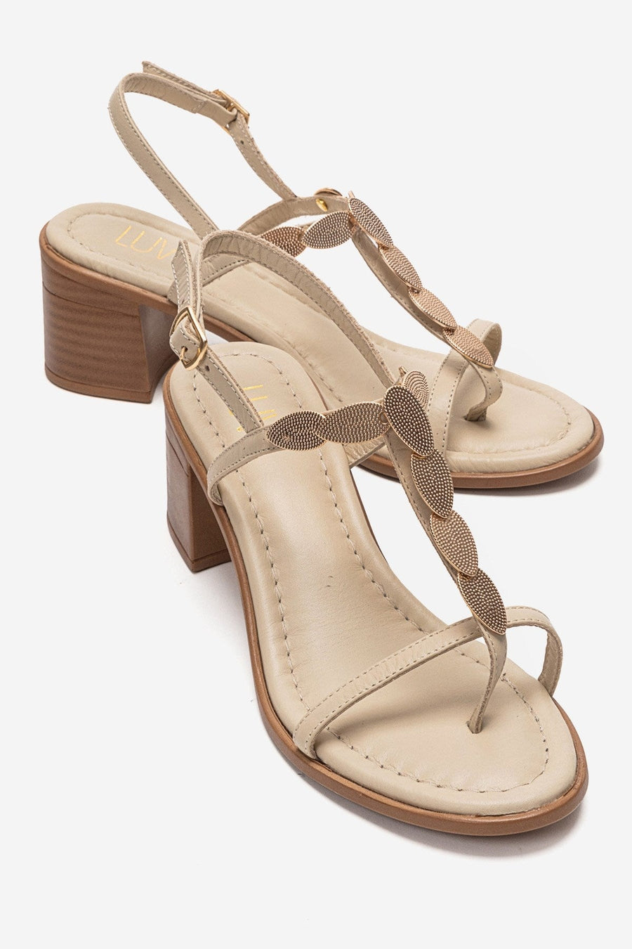 SERONA - Beige Genuine Leather Buckled Block Heel Sandal