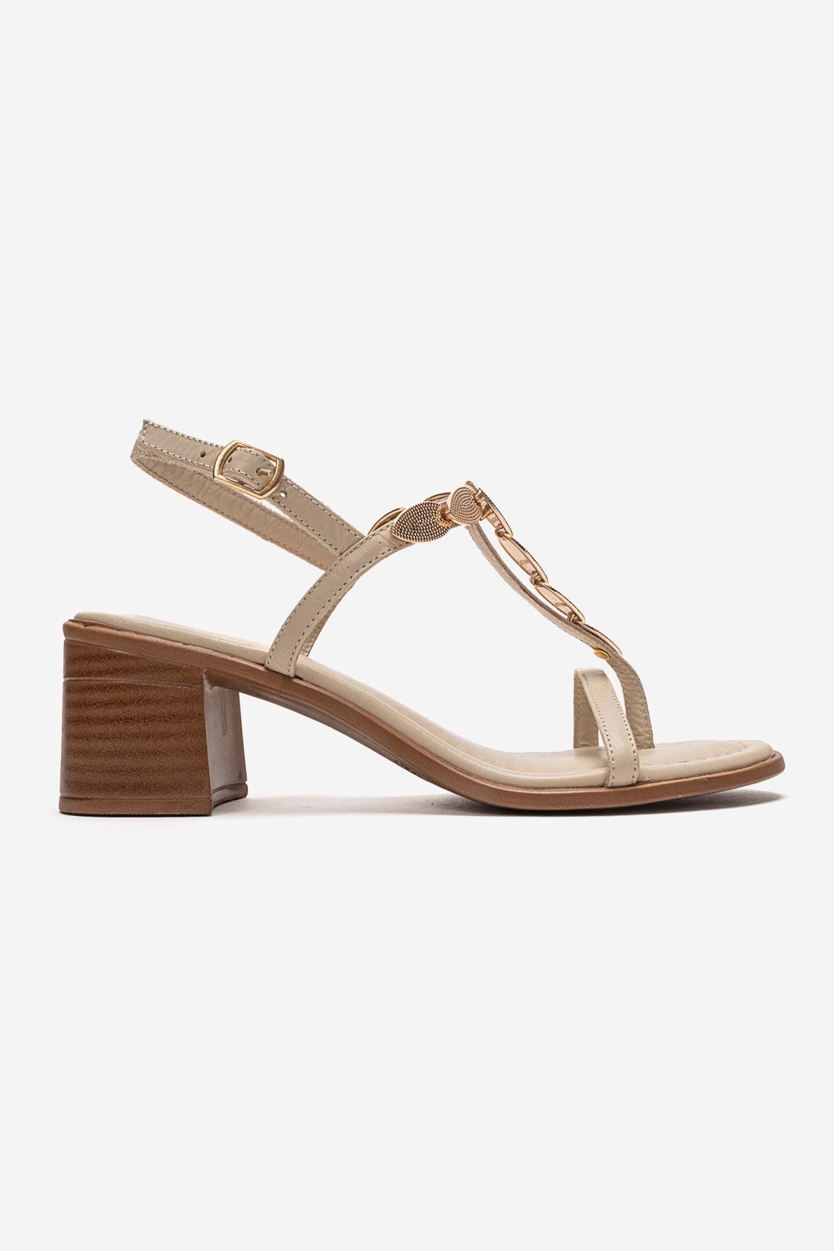 SERONA - Beige Genuine Leather Buckled Block Heel Sandal – heel view showing leather, gold, Vowalisse