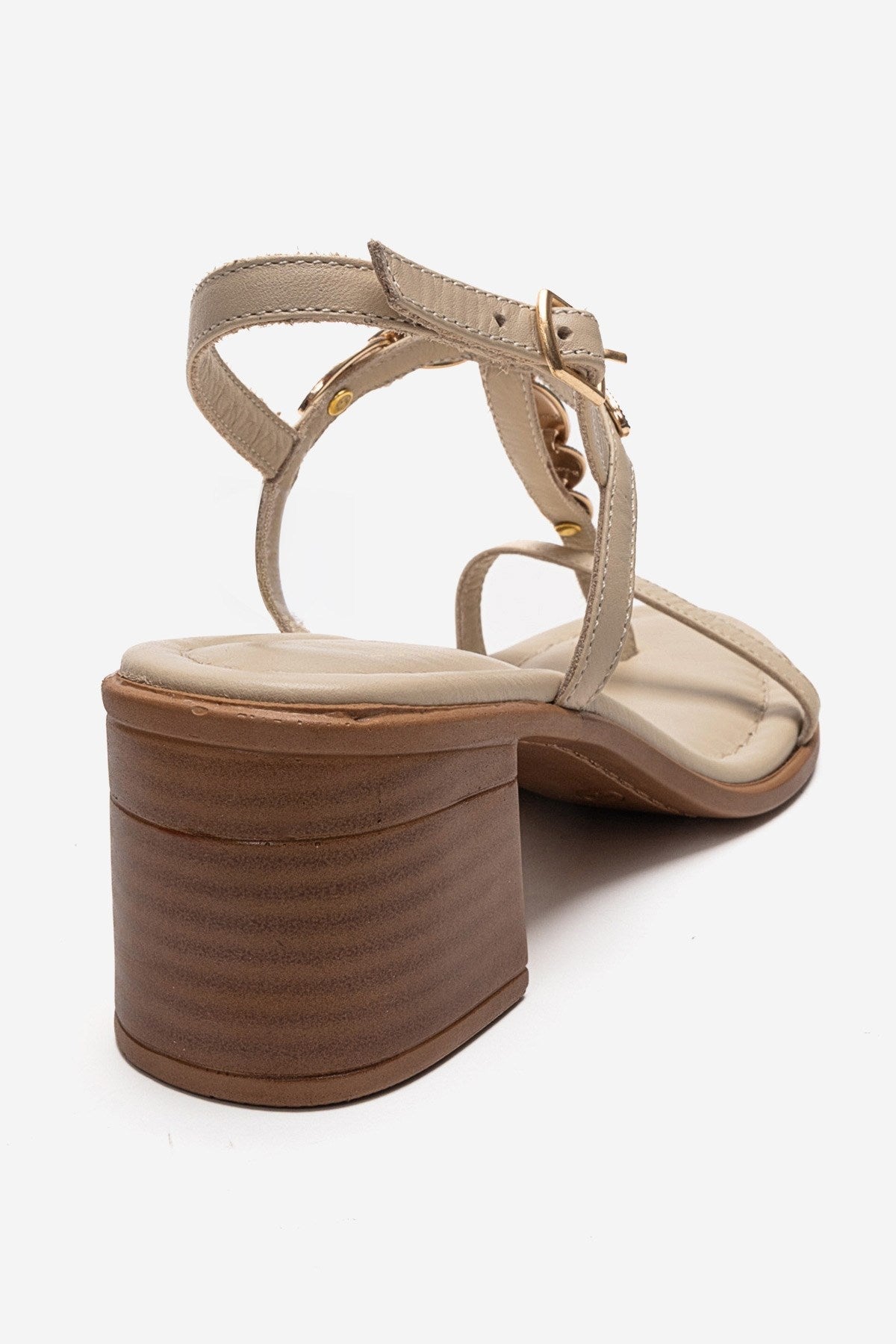 SERONA - Beige Genuine Leather Buckled Block Heel Sandal – back view showing leather, gold, Vowalisse