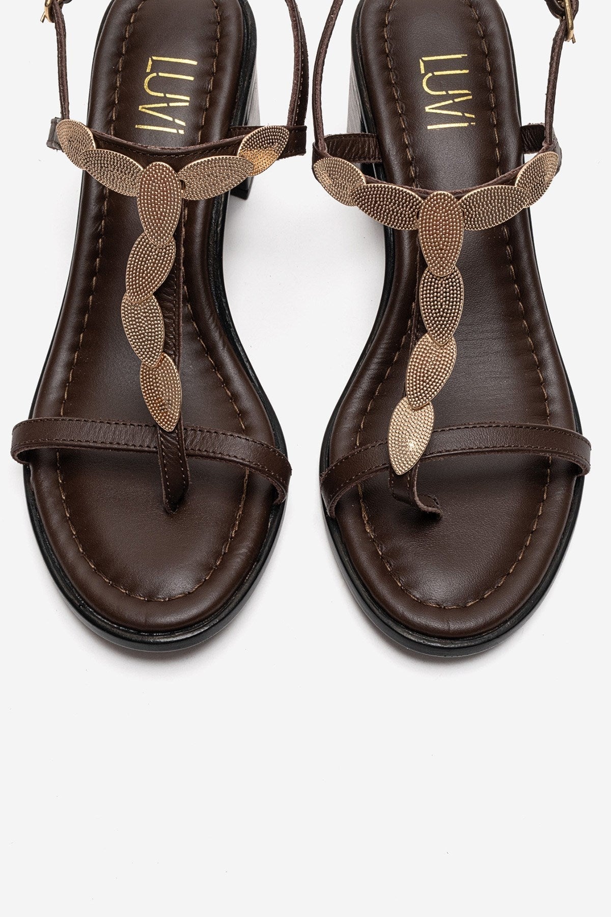 SERONA - Brown Genuine Leather Buckled Block Heel Sandal – side view showing leather, gold, Vowalisse