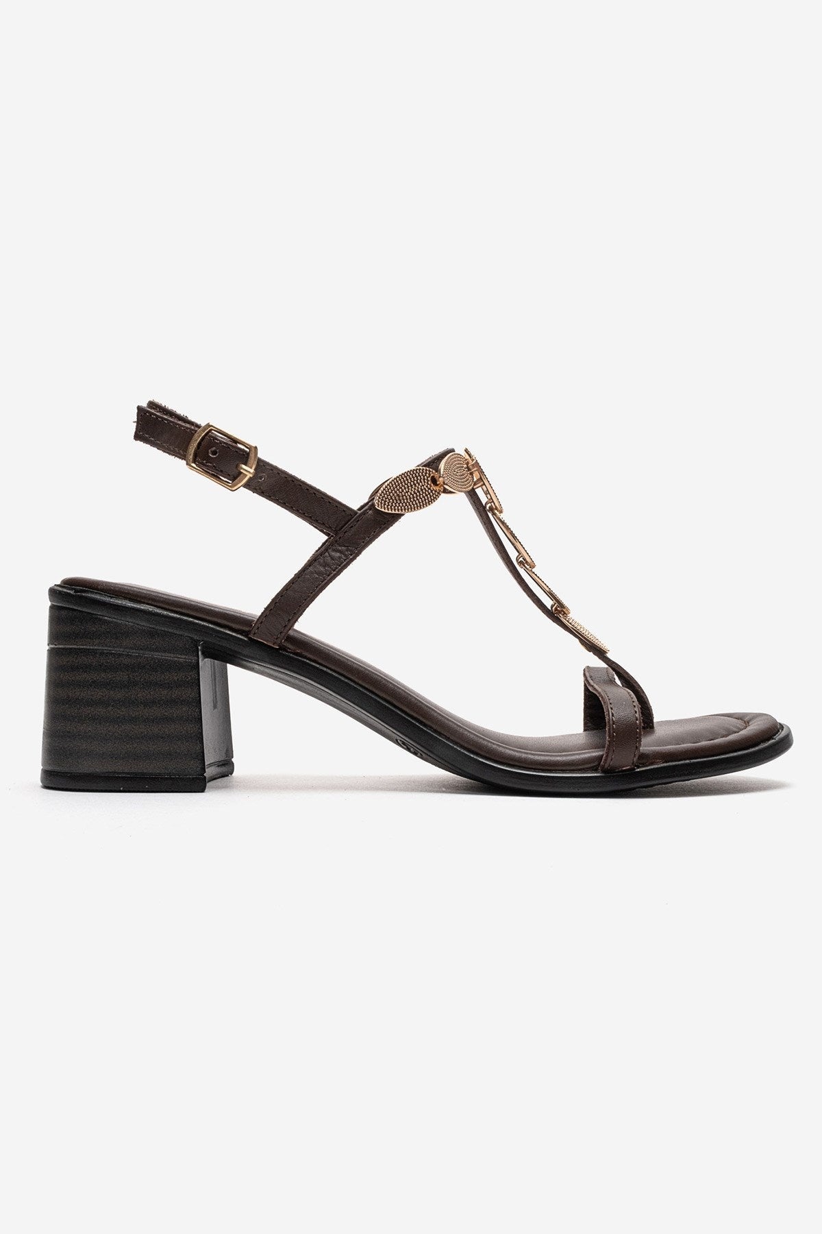SERONA - Brown Genuine Leather Buckled Block Heel Sandal – heel view showing leather, gold, Vowalisse