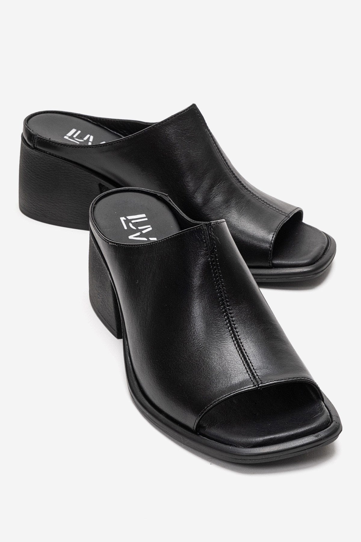 SOREX - Black Genuine Leather Block Heel Mule – front three-quarter view showing leather, black, Vowalisse