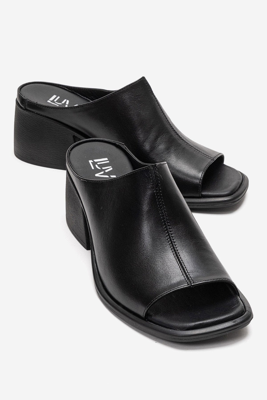 SOREX - Black Genuine Leather Block Heel Mule