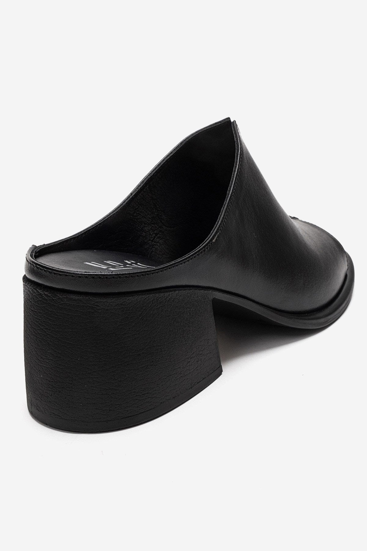SOREX - Black Genuine Leather Block Heel Mule – heel view showing leather, black, Vowalisse