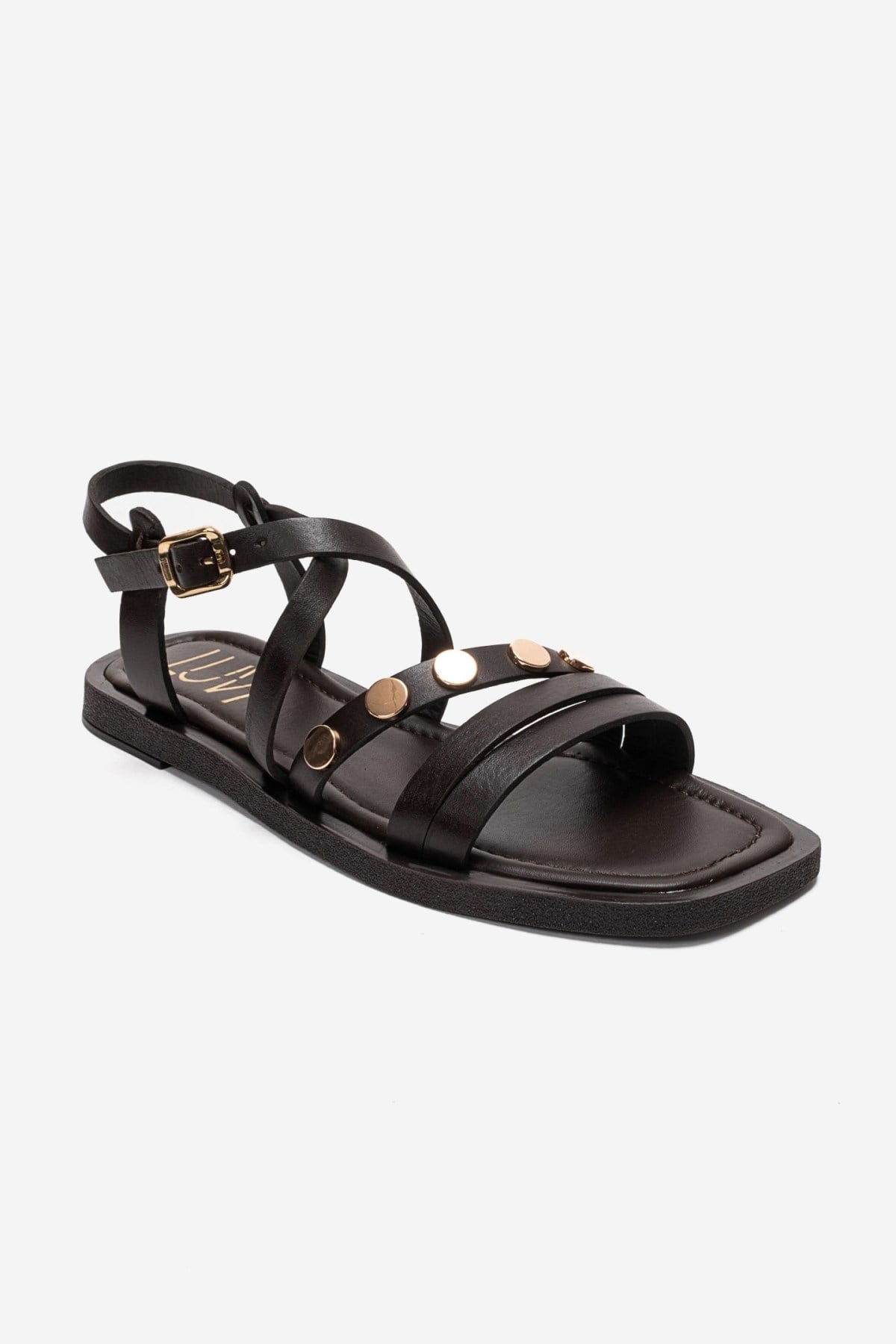 Poole - Brown Genuine Leather Multi-Strap Sandal – detail view showing leather, Vowalisse