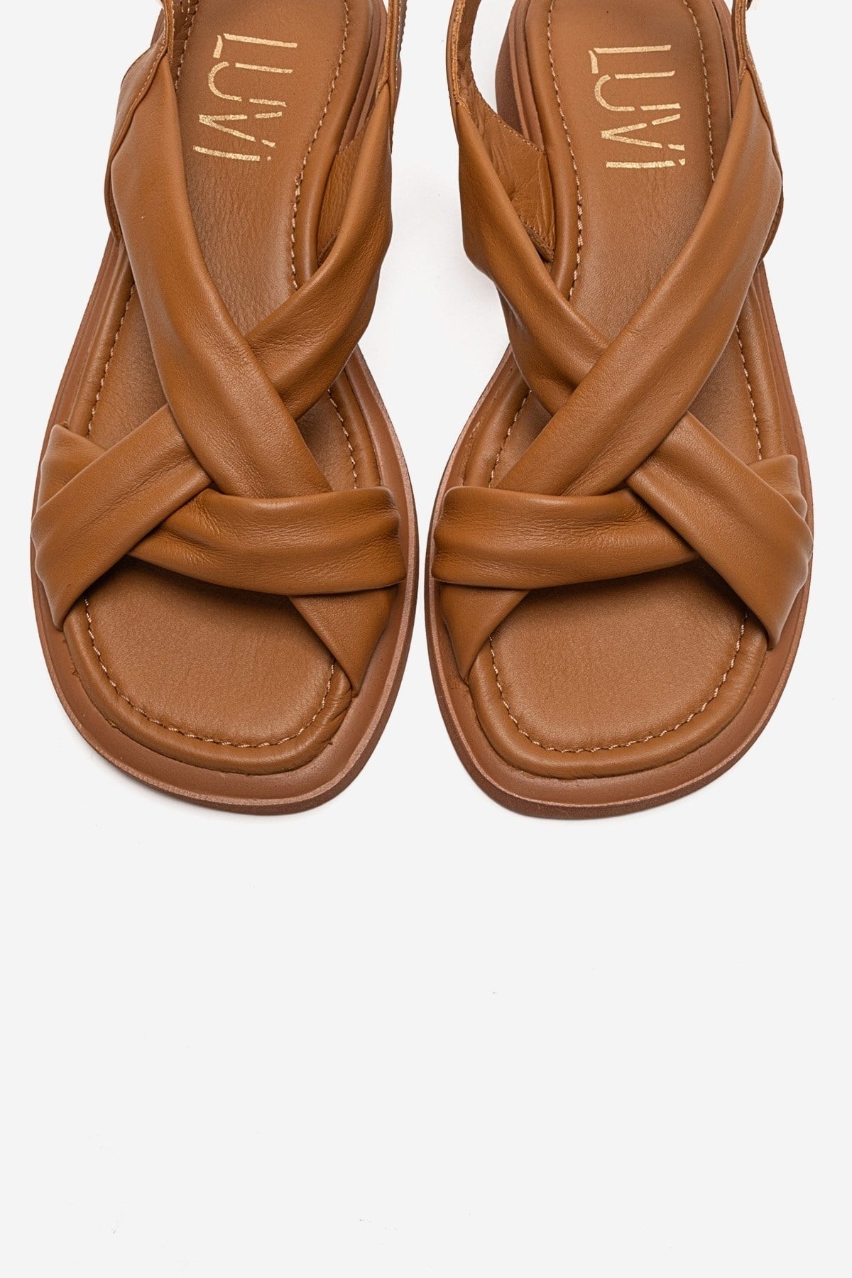 FRAND - Camel Genuine Leather Cross-Strap Sandal – side view showing leather, Vowalisse