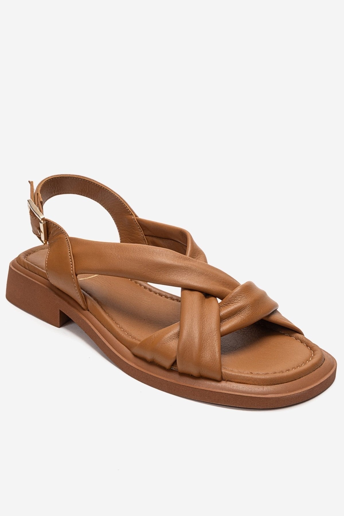 FRAND - Camel Genuine Leather Cross-Strap Sandal – detail view showing leather, Vowalisse