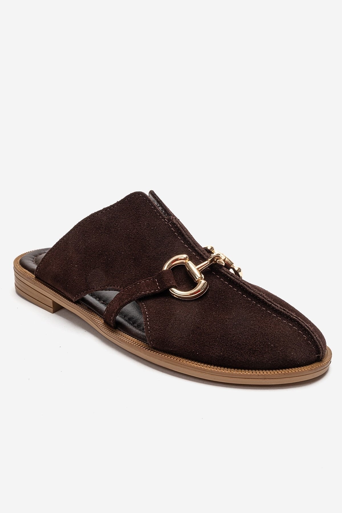 FAVOR - Brown Genuine Leather Closed-Toe Mule – back view showing leather, suede, Vowalisse