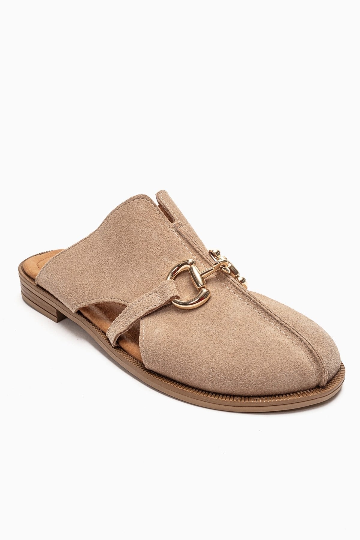 FAVOR - Beige Genuine Leather Closed-Toe Mule – detail view showing leather, suede, Vowalisse