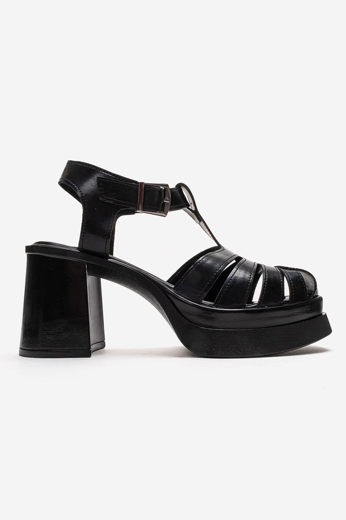 ROVENA - Black Platform Block Heel Sandal – heel view showing leather, black, Vowalisse