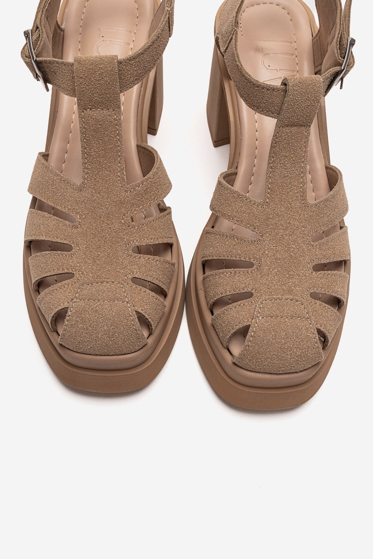 ROVENA - Cognac Suede Platform Block Heel Sandal – side view showing leather, suede, Vowalisse