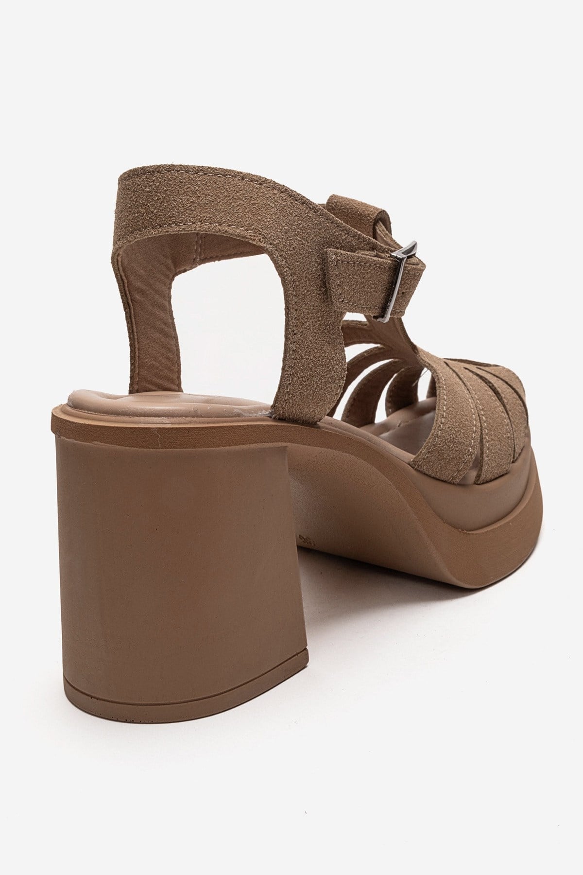 ROVENA - Cognac Suede Platform Block Heel Sandal – back view showing leather, suede, Vowalisse