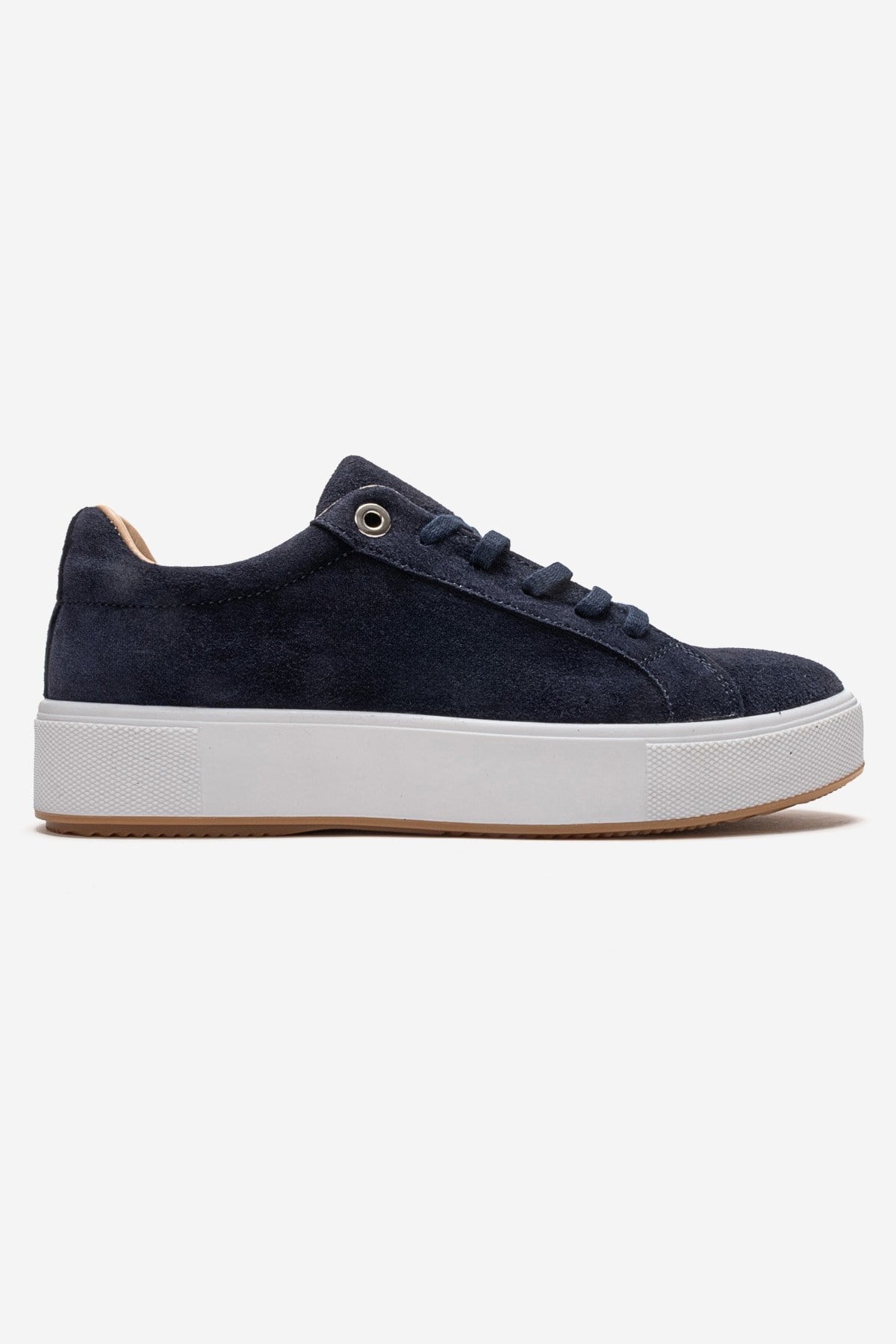 PALLEN - Navy Genuine Leather Casual Sneaker – heel view showing leather, suede, Vowalisse