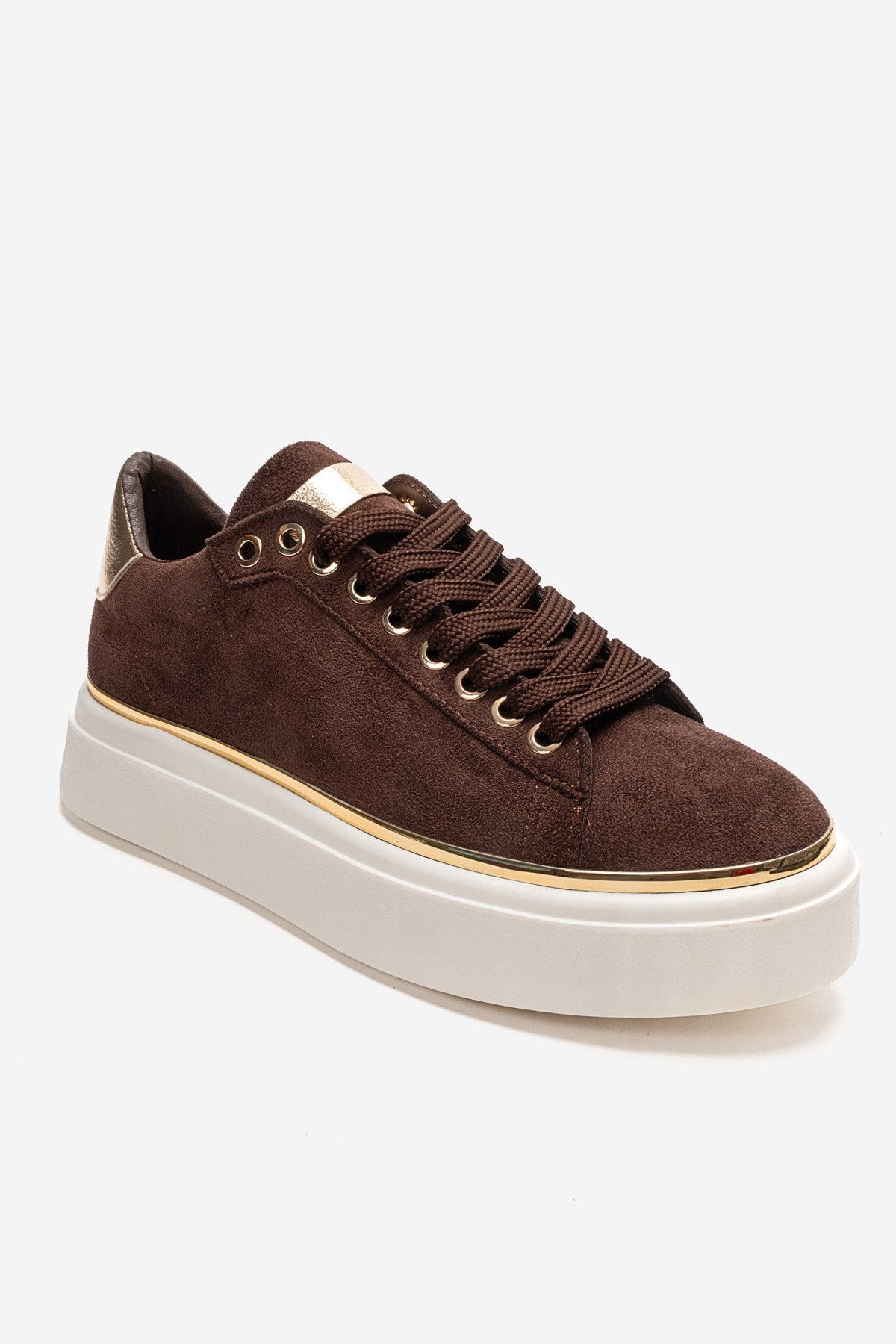 BORENA - Mocha Platform Sneaker – detail view showing leather, suede, Vowalisse