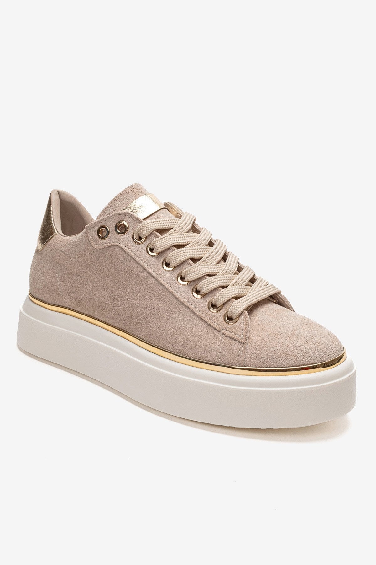 BORENA - Beige Platform Sneaker – detail view showing leather, suede, Vowalisse