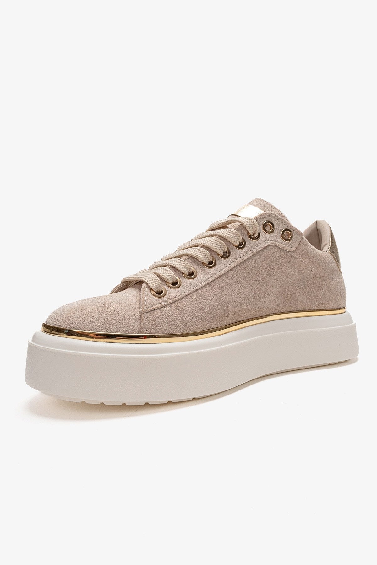 BORENA - Beige Platform Sneaker – top view showing leather, suede, Vowalisse
