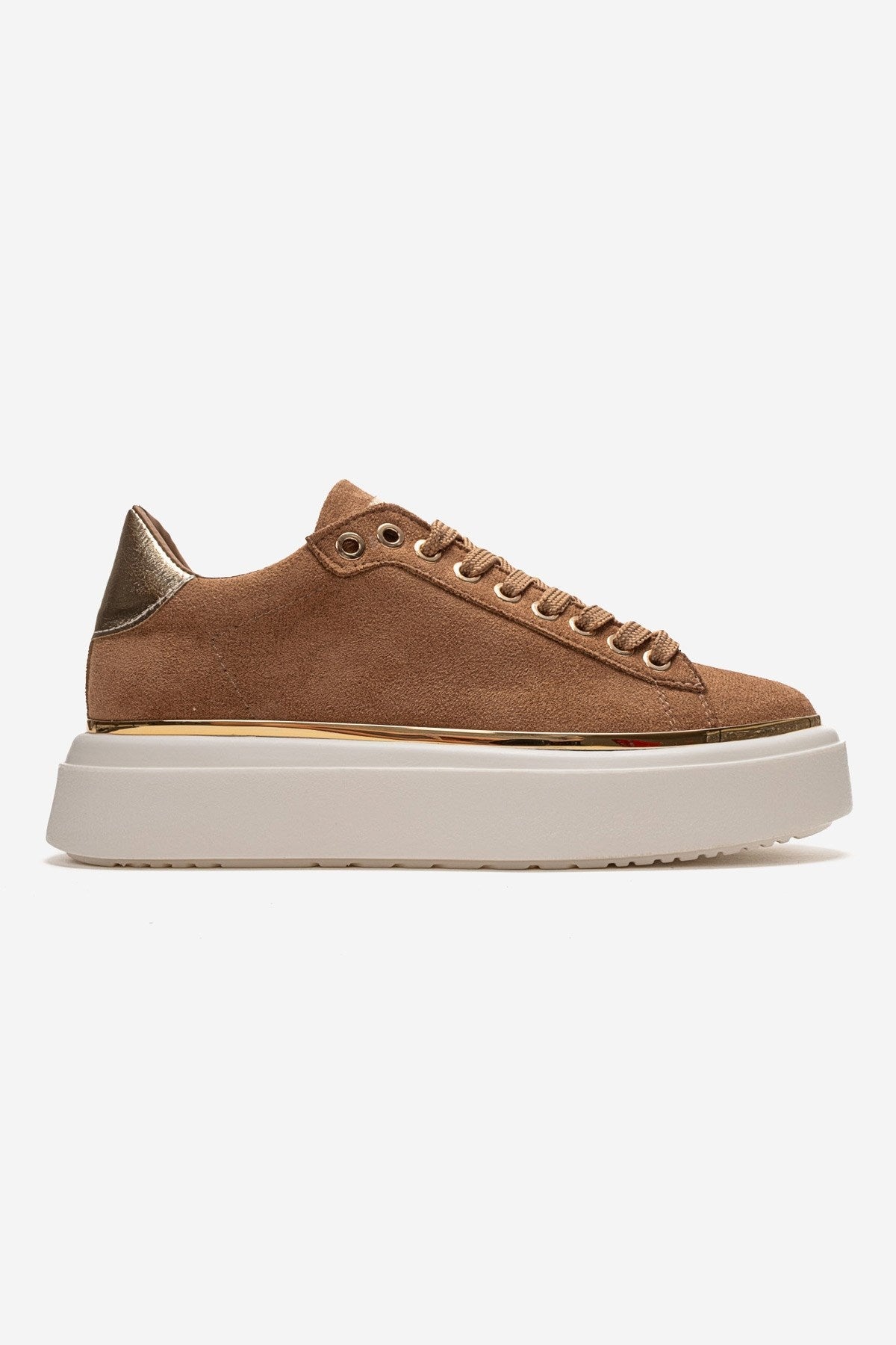 BORENA - Cognac Platform Sneaker – heel view showing leather, suede, Vowalisse