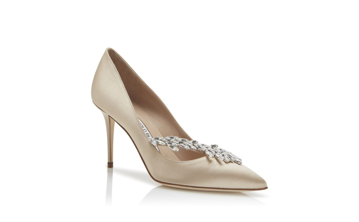 Noelle Bloom Neutral Jewel Buckle Pumps – top view showing neutral jewel buckle, pointed toe, satin, Vowalisse