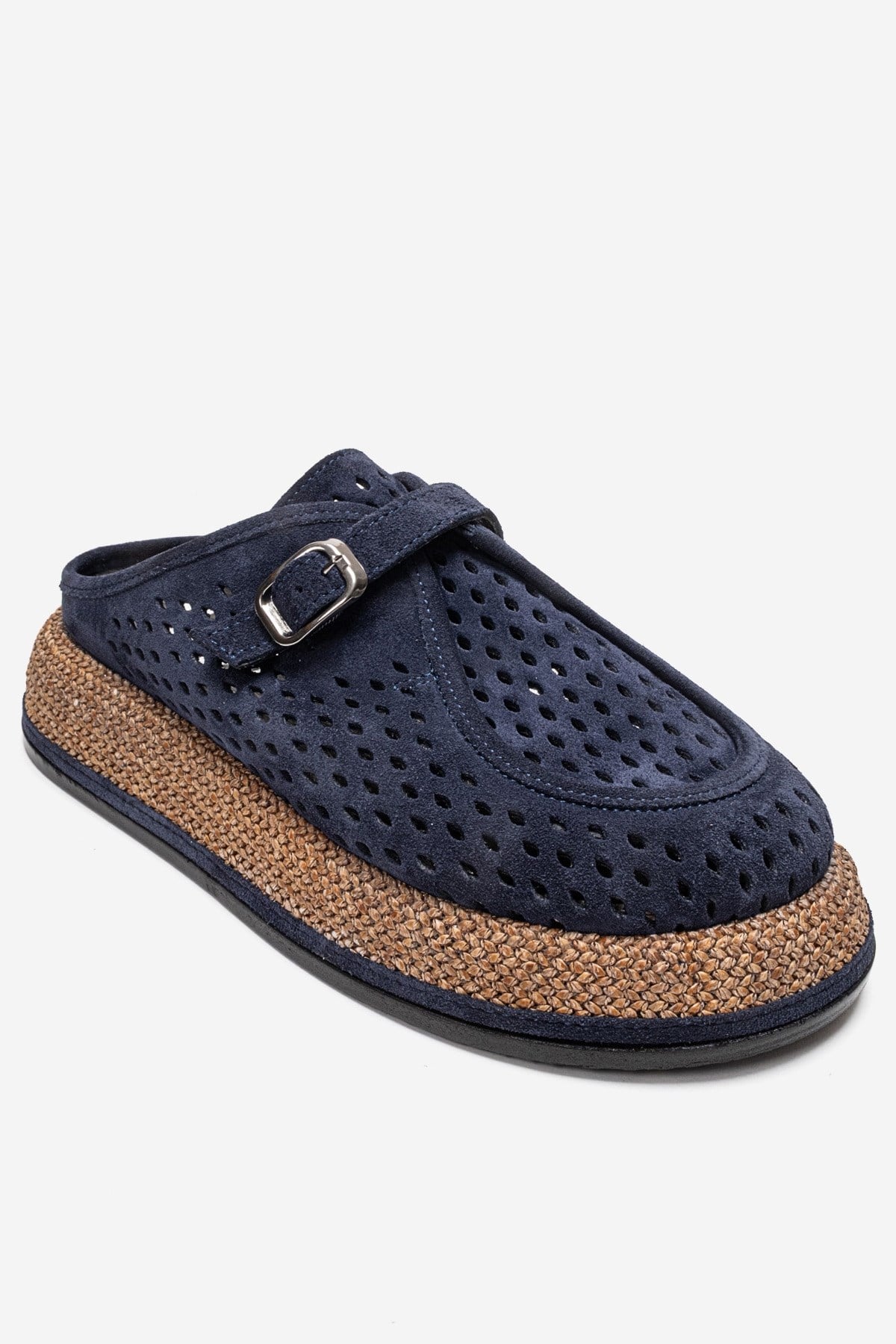 VONE - Navy Genuine Leather Closed-Toe Mule – detail view showing leather, suede, Vowalisse