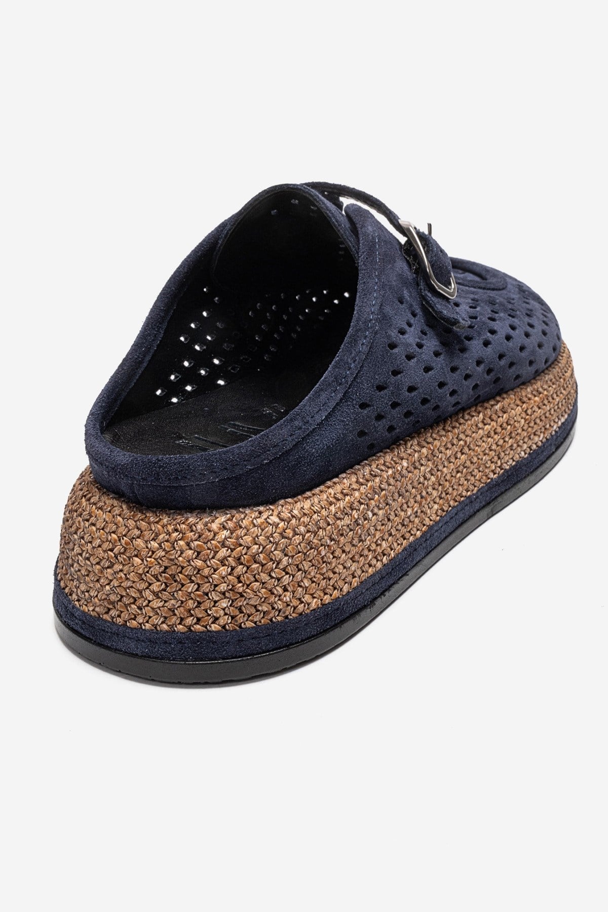 VONE - Navy Genuine Leather Closed-Toe Mule – back view showing leather, suede, Vowalisse