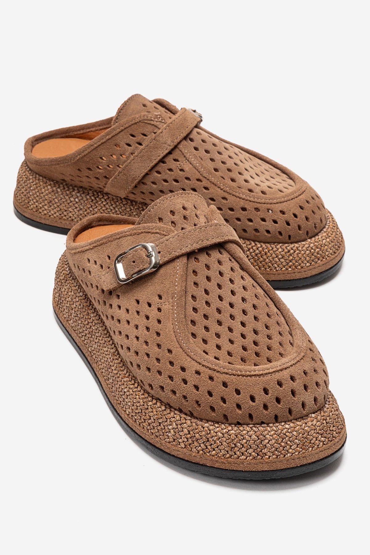 VONE - Taupe Genuine Leather Closed-Toe Mule – front three-quarter view showing leather, suede, Vowalisse