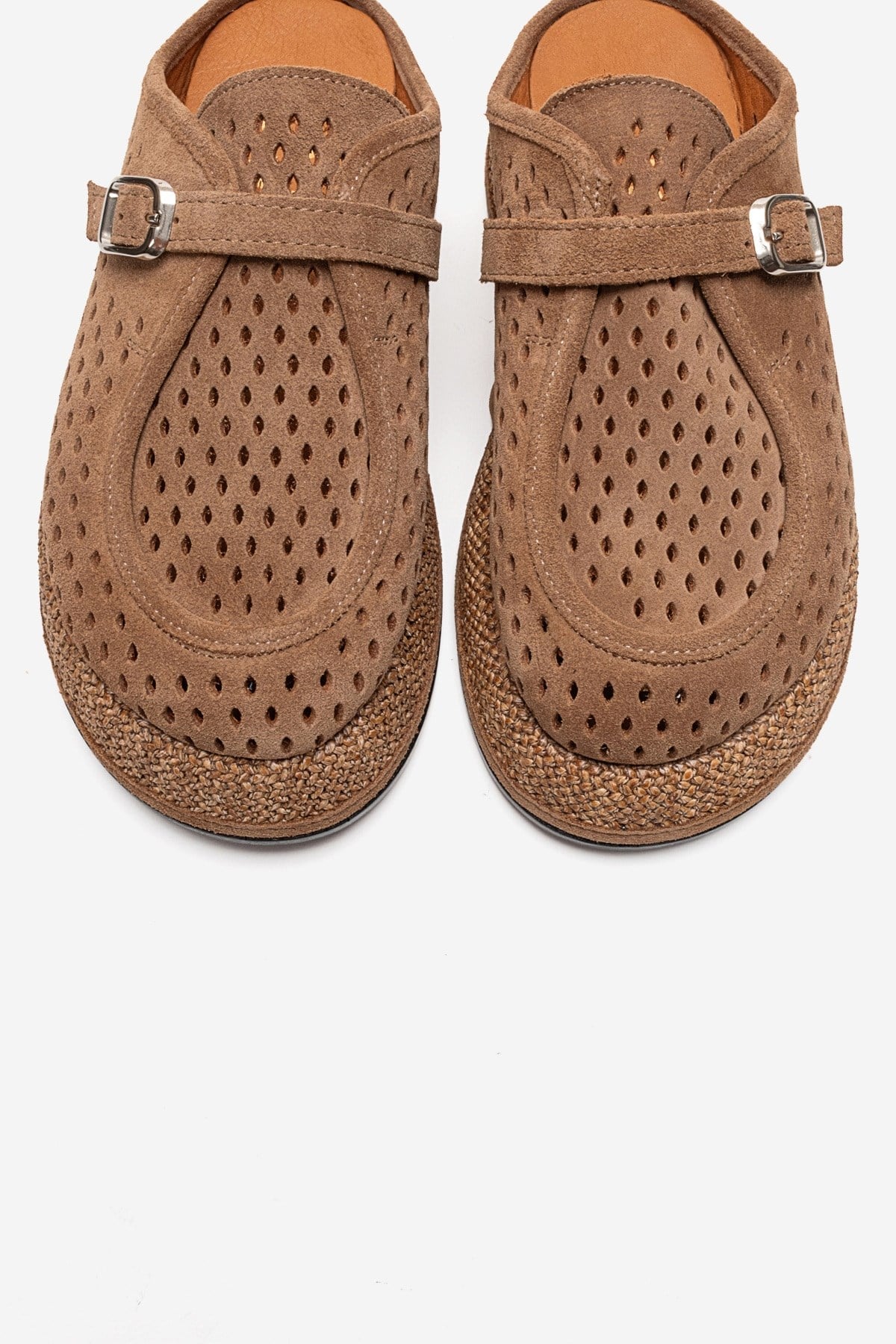 VONE - Taupe Genuine Leather Closed-Toe Mule – side view showing leather, suede, Vowalisse