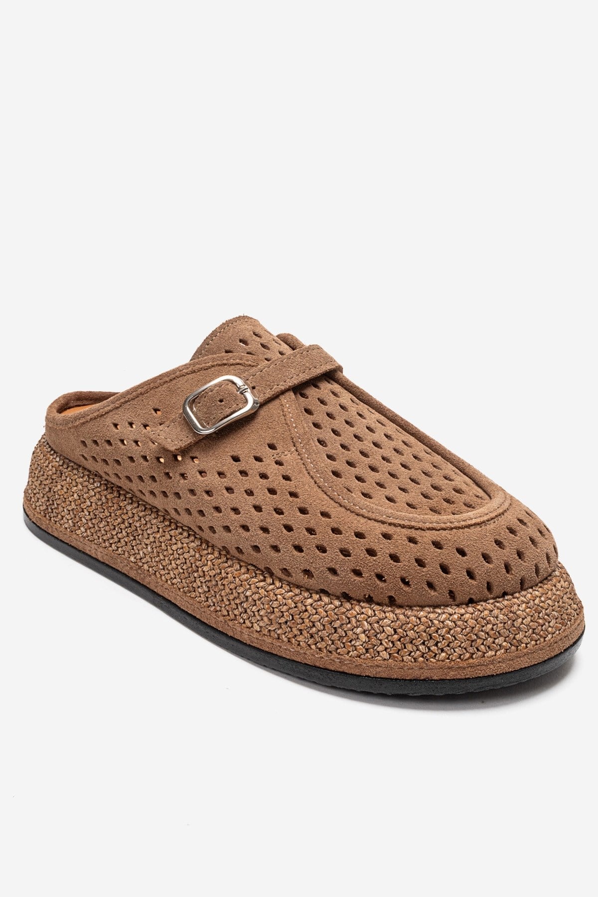 VONE - Taupe Genuine Leather Closed-Toe Mule – detail view showing leather, suede, Vowalisse