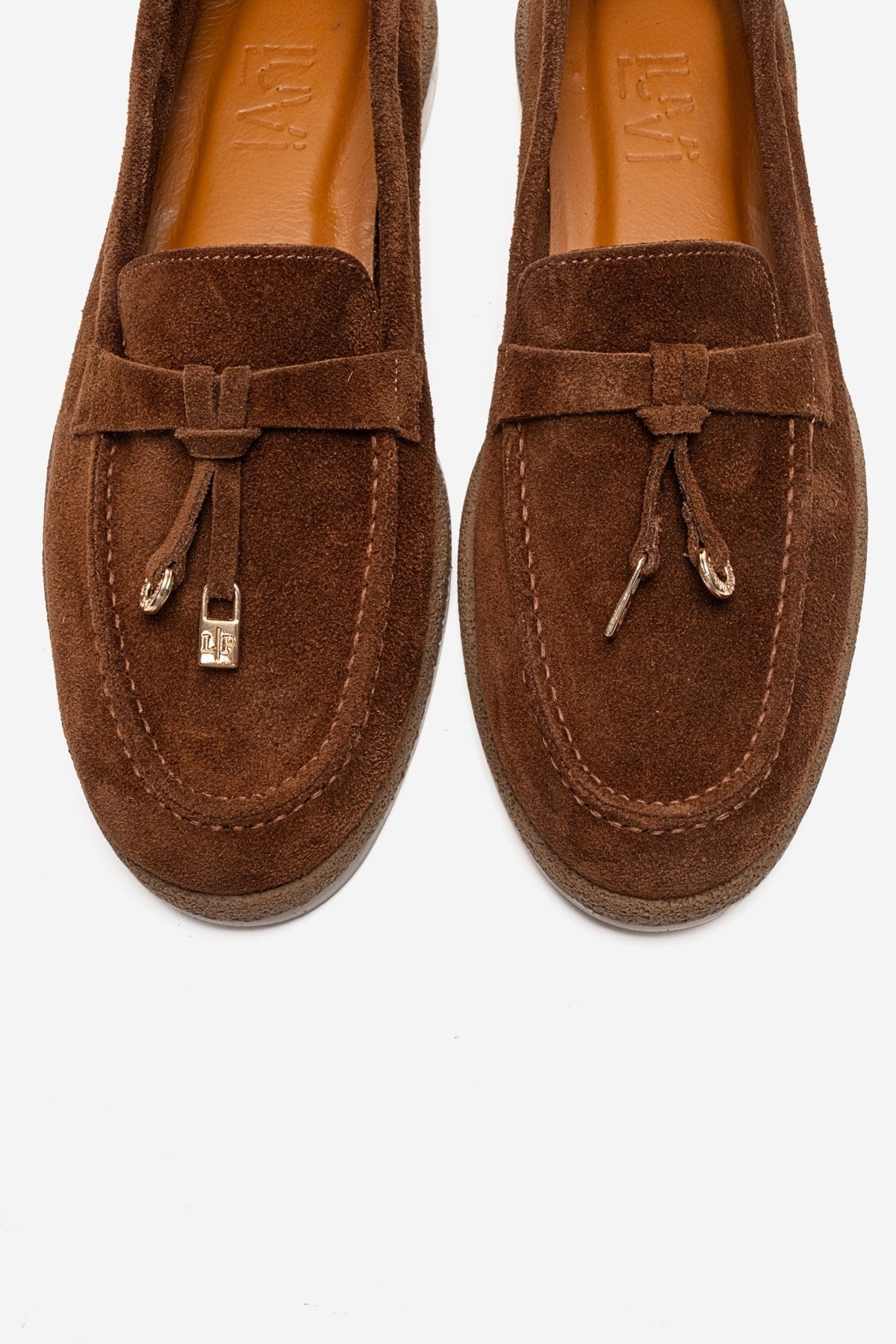 ILVENA - Cognac Genuine Leather Loafer – side view showing leather, suede, Vowalisse
