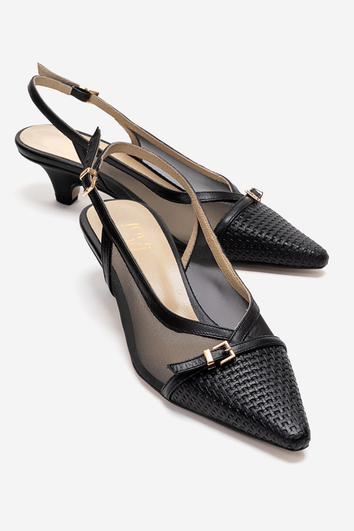 LAVIERA - Black Genuine Leather Slingback Low Heel Pump – front three-quarter view showing leather, mesh, metallic…
