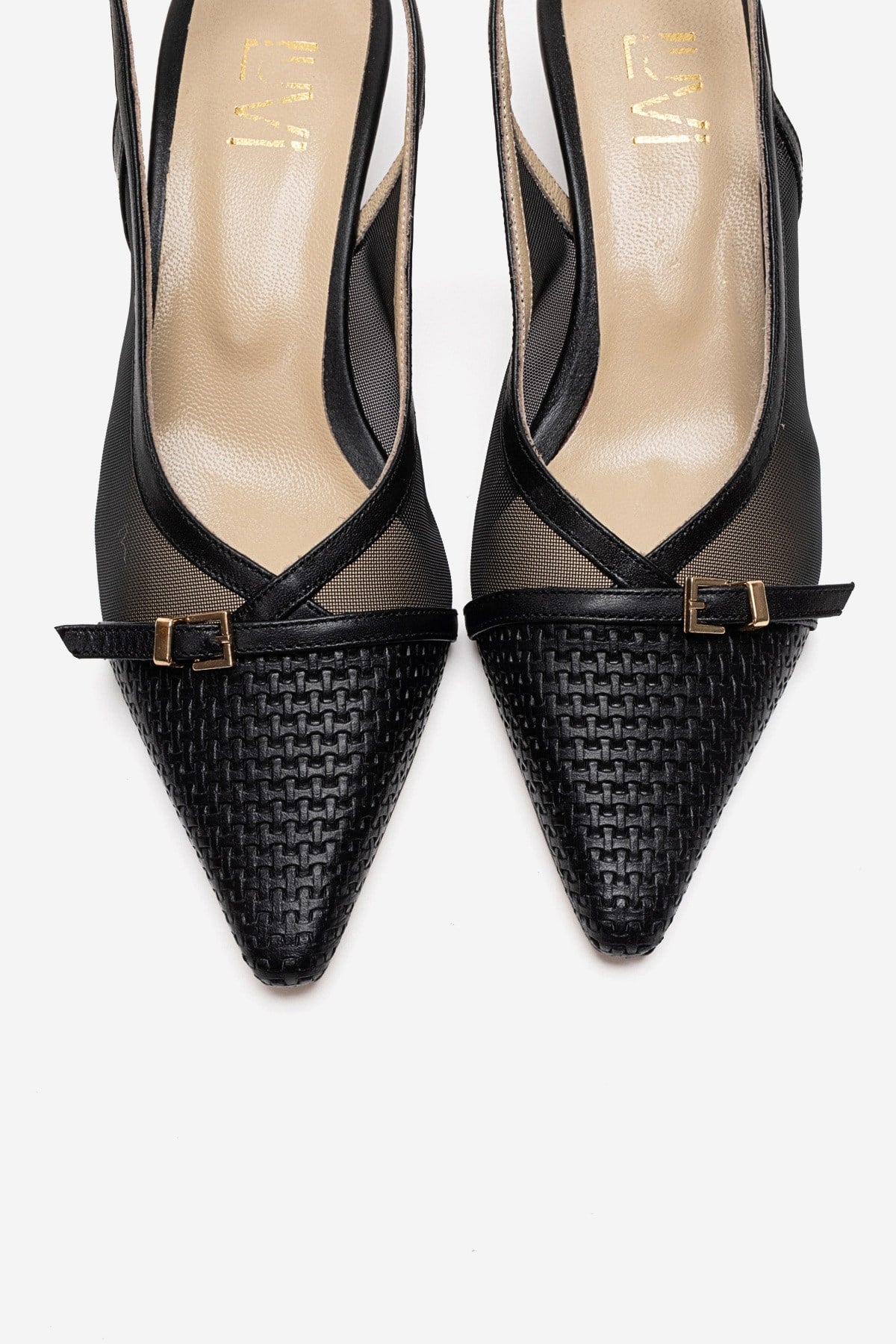 LAVIERA - Black Genuine Leather Slingback Low Heel Pump – side view showing leather, mesh, metallic, Vowalisse