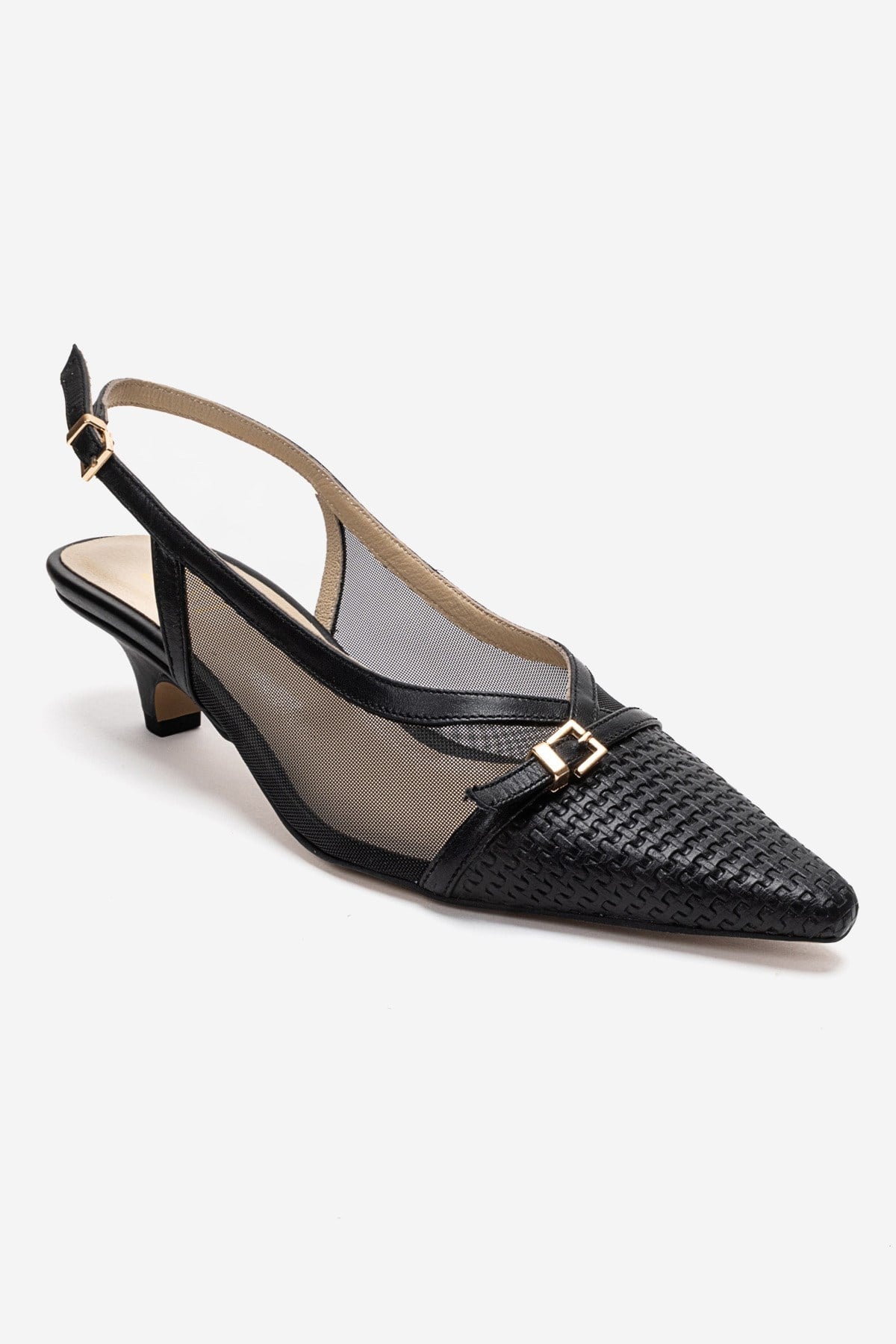 LAVIERA - Black Genuine Leather Slingback Low Heel Pump – detail view showing leather, mesh, metallic, Vowalisse