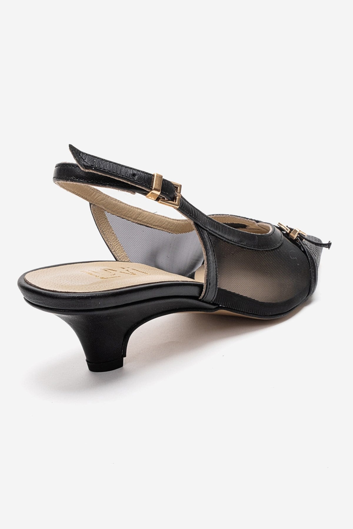 LAVIERA - Black Genuine Leather Slingback Low Heel Pump – back view showing leather, mesh, metallic, Vowalisse