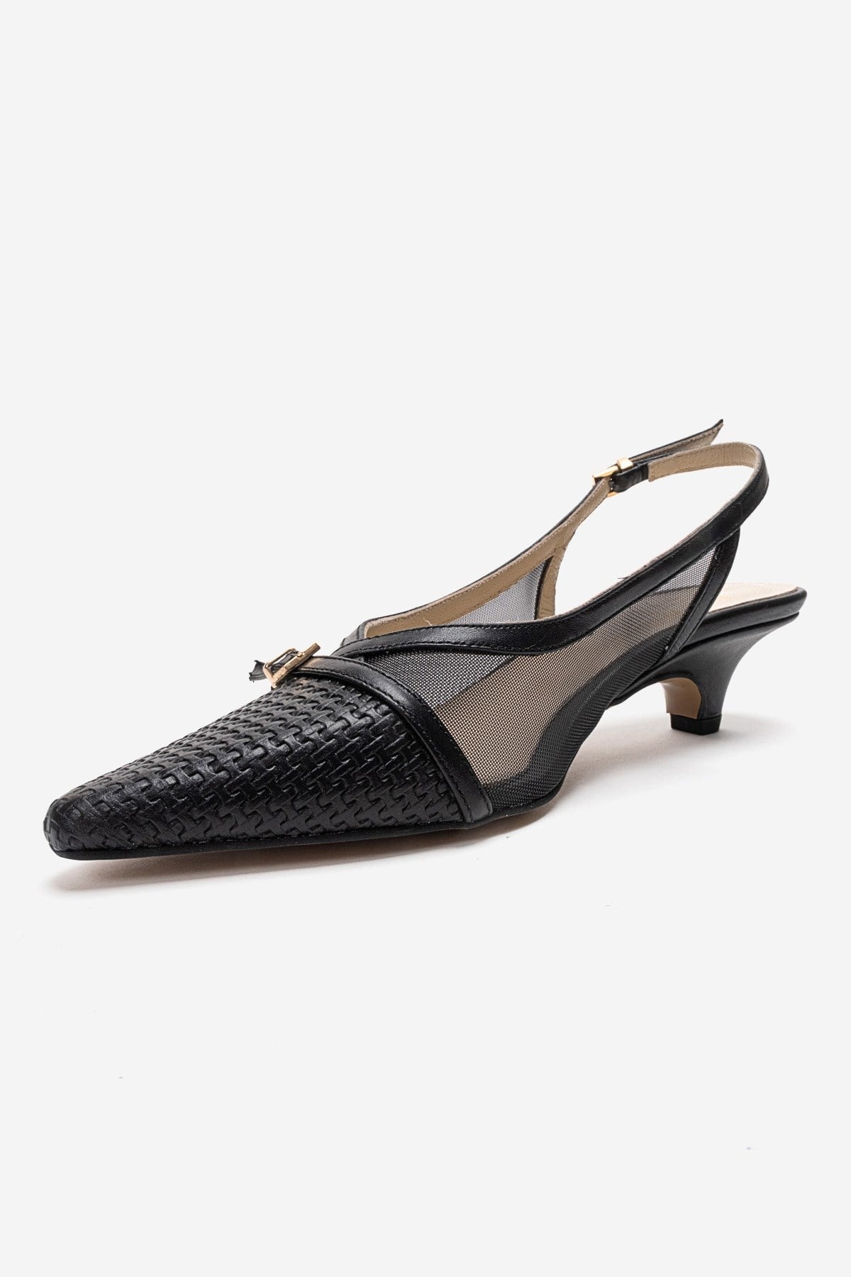 LAVIERA - Black Genuine Leather Slingback Low Heel Pump – top view showing leather, mesh, metallic, Vowalisse