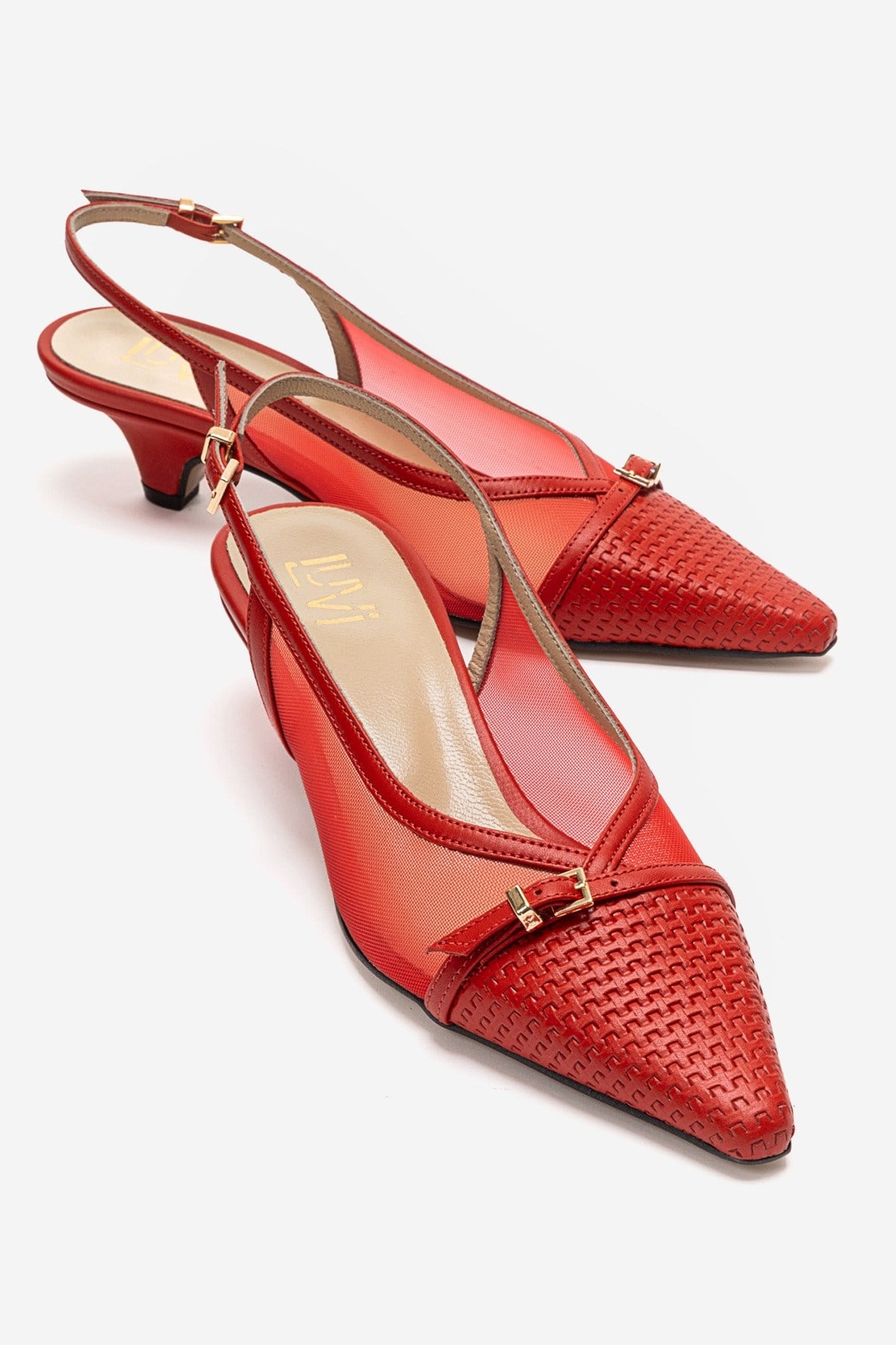 LAVIERA - Red Genuine Leather Slingback Low Heel Pump – front three-quarter view showing leather, mesh, metallic, Vowalisse