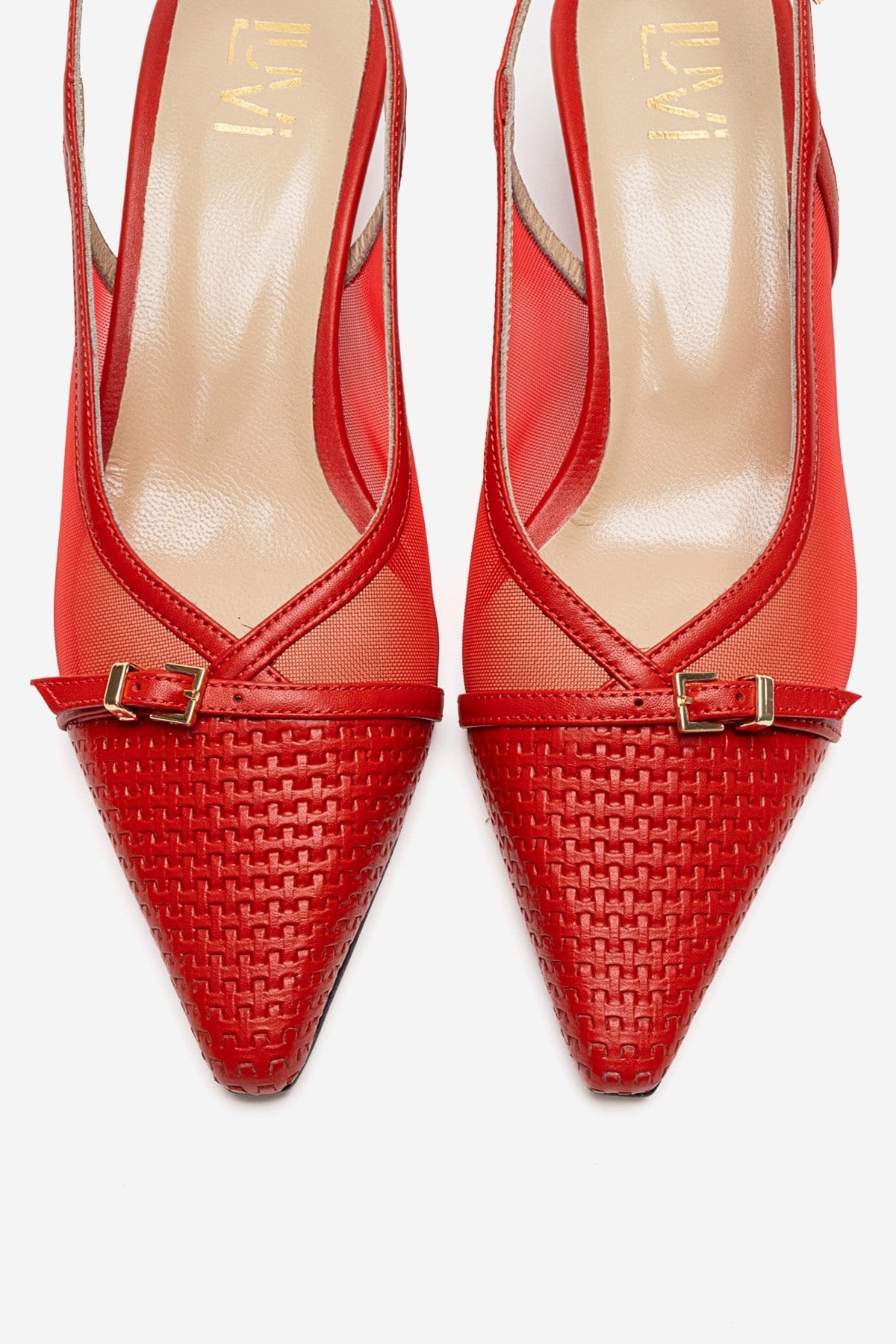 LAVIERA - Red Genuine Leather Slingback Low Heel Pump – side view showing leather, mesh, metallic, Vowalisse